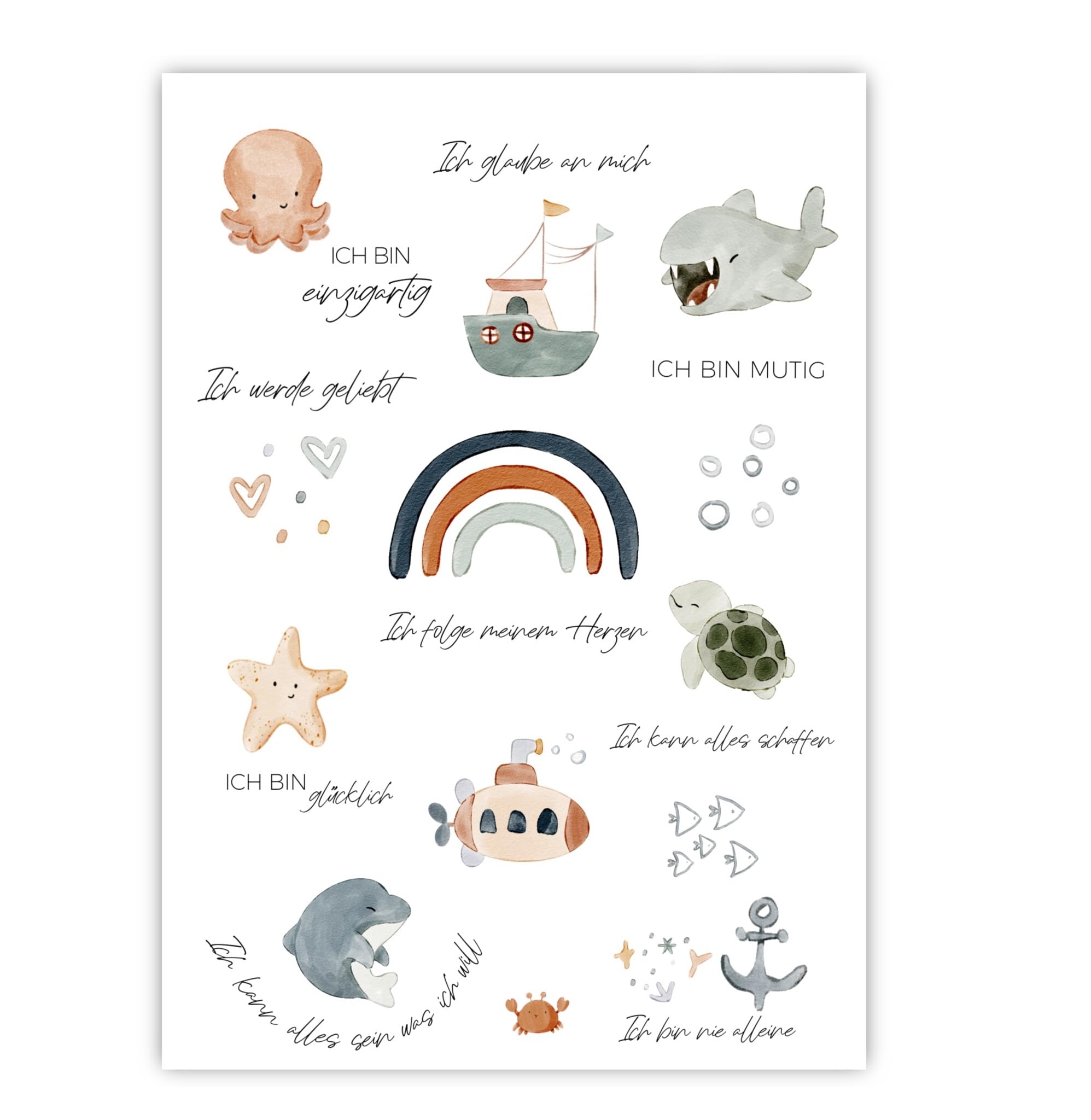 Affirmationsposter A4 | Affirmationen für Kinder | Bilder Kinderzimmer Deko | Poster | Kinderposter (Meerestiere)