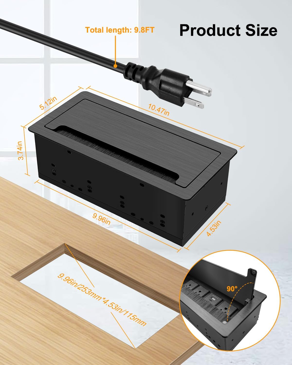 Conference Table Hub Power Outlet with 3 AC Power Outlets and USB Fast Charging, 9.8FT Power Cord Embedded Outlets, Heavy-Duty Desktop Socket Connectivity Box for Office, Home, Study Spaces