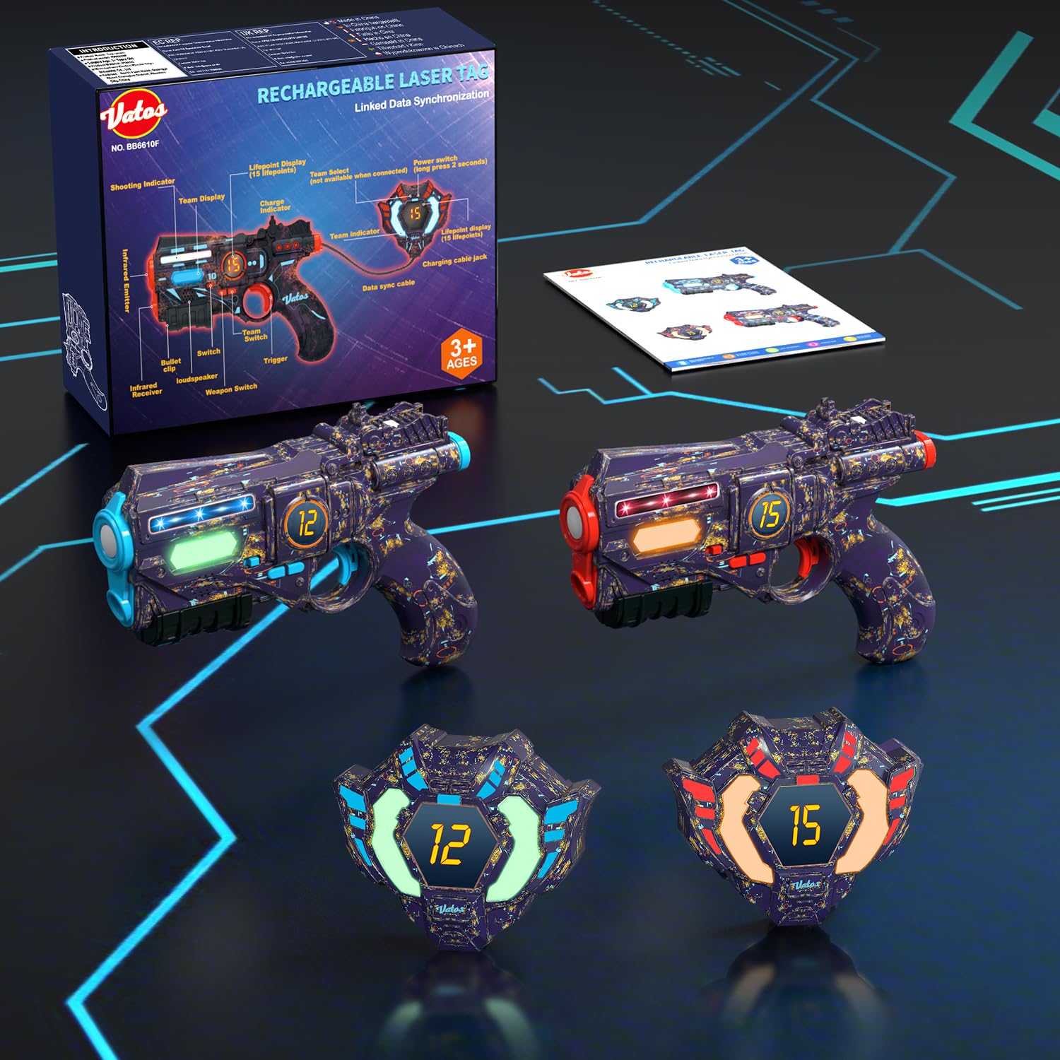 Set ricaricabile VATOS Laser Tag composto da 2 pistole e 2 giubbotti - Pistola Laser Tag con sincronizzazione dati in tempo reale a infrarossi e luce luminosa, gioco Lazer Tag per adulti, set di 2 pis