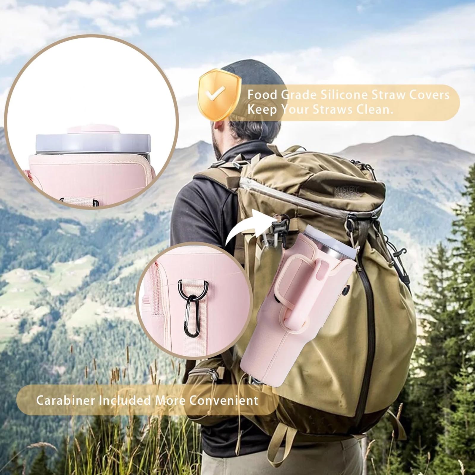 Water Bottle Carrier Bag, Water Bottle Holder with Clouds Straw Cover for 40oz Stanley Cup, Water Bottle Pouch with Adjustable Shoulder Strap & Phone Pocket for Travel Walking Hiking Gym(Pink) - Image 4