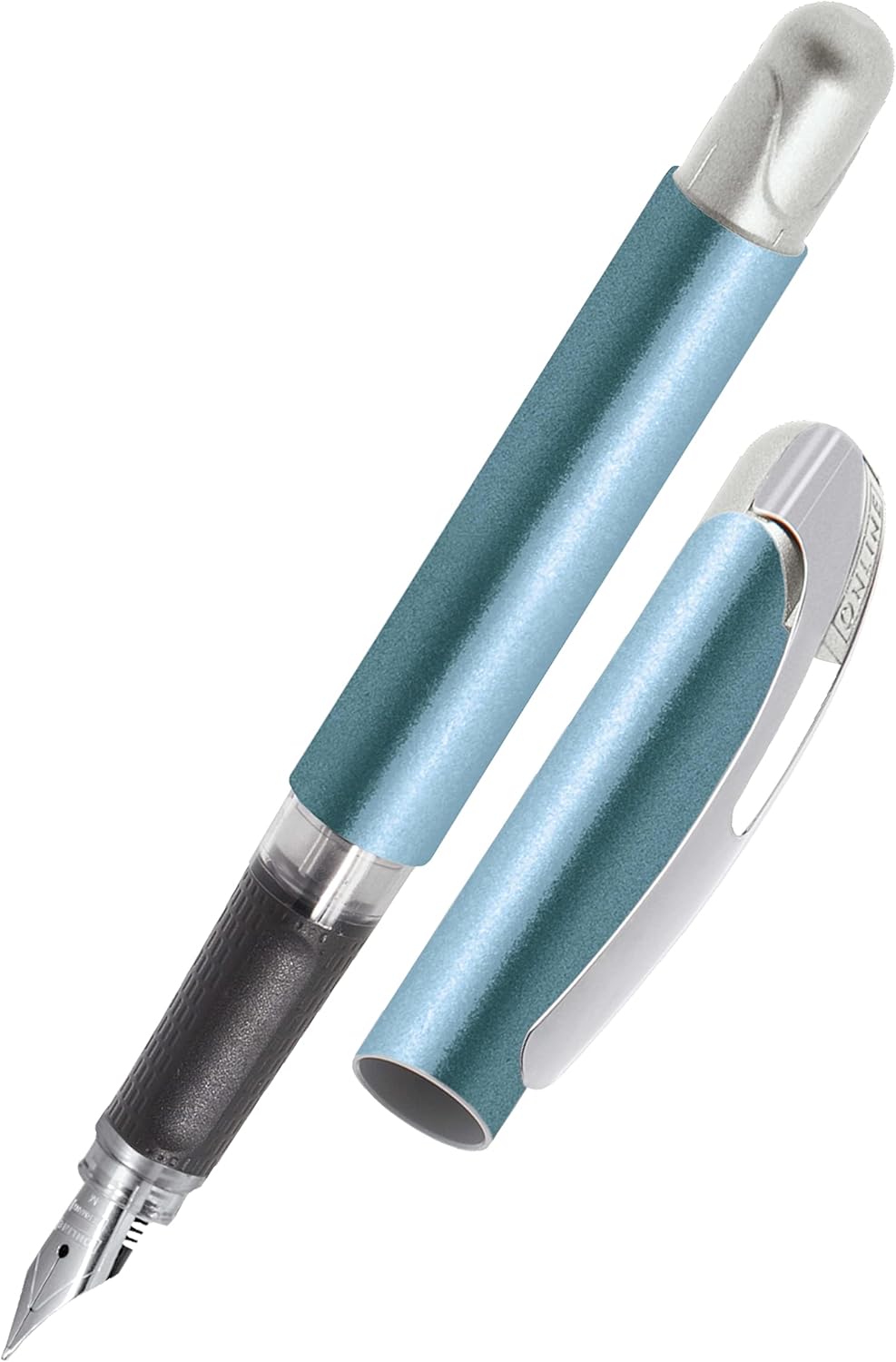 Online College Metallic Blue Ink Pen, Ergonomic Fountain Pen for School, Medium Nib, Soft Grip Part for Standard Ink Cartridges, Refillable, Ideal for Children