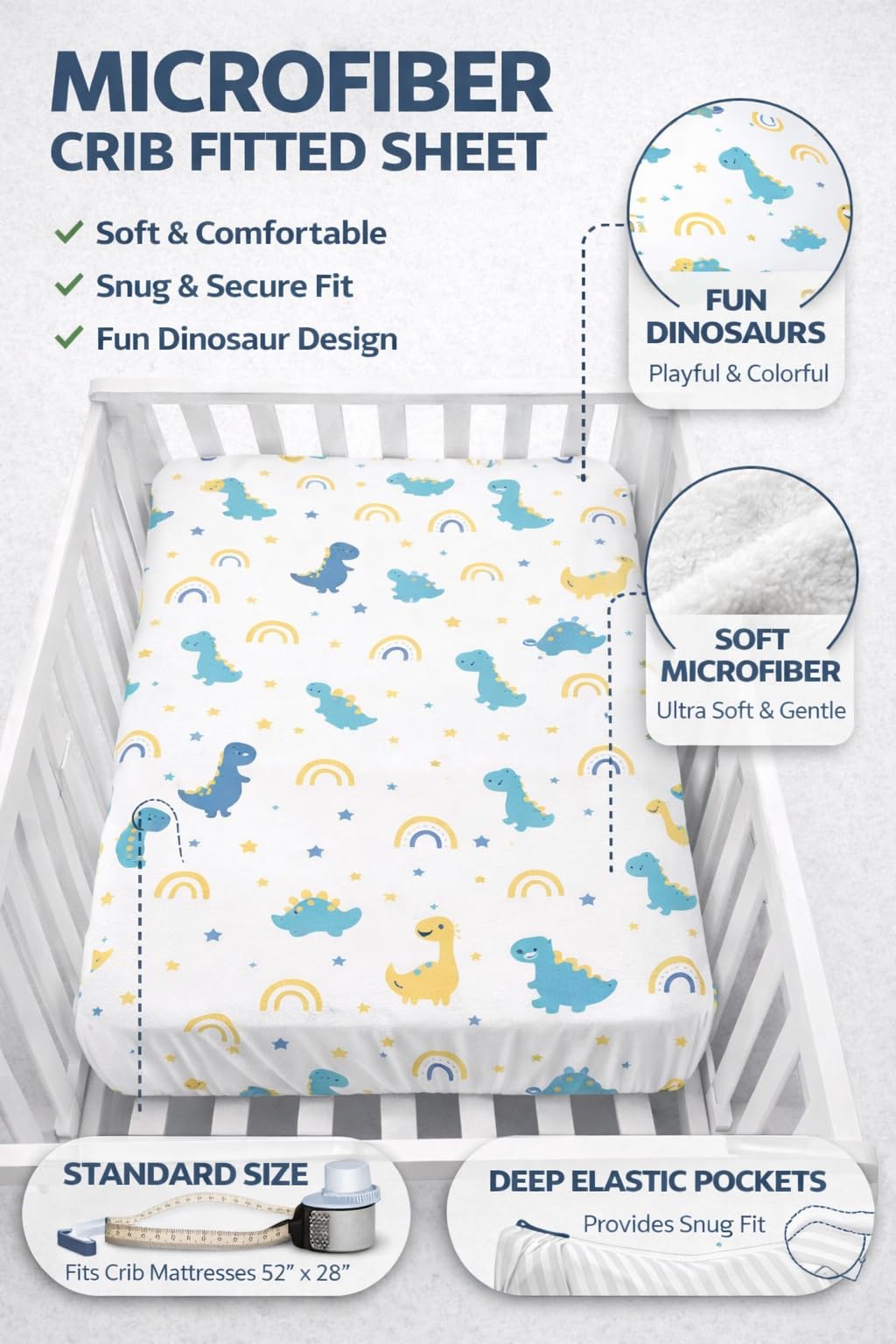 Fitted Crib Sheet for Baby - Bed Sheet with All-Round Elastic, Deep Pocket for Newborn Crib Mattress (28×52 Inch / 132×71 cm), Dinosaur Print 4