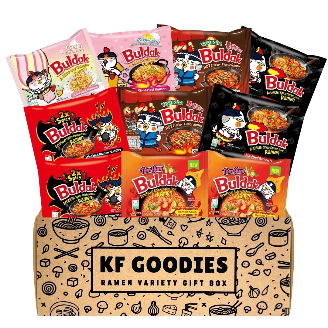 Korean Ramen Variety Pack Gift Box (10 Count) – Spicy Buldak Noodle Assortment for Birthdays, College Care Packages, Office Snacks, and Gift Baskets
