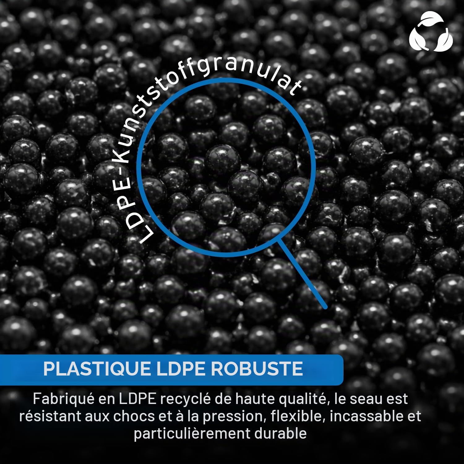 kör4u Lot de 10 seaux de construction 20 L noirs avec poignée métallique robuste, seau à mortier rond en LDPE - pour le BTP, le jardin, la maison et l'artisanat