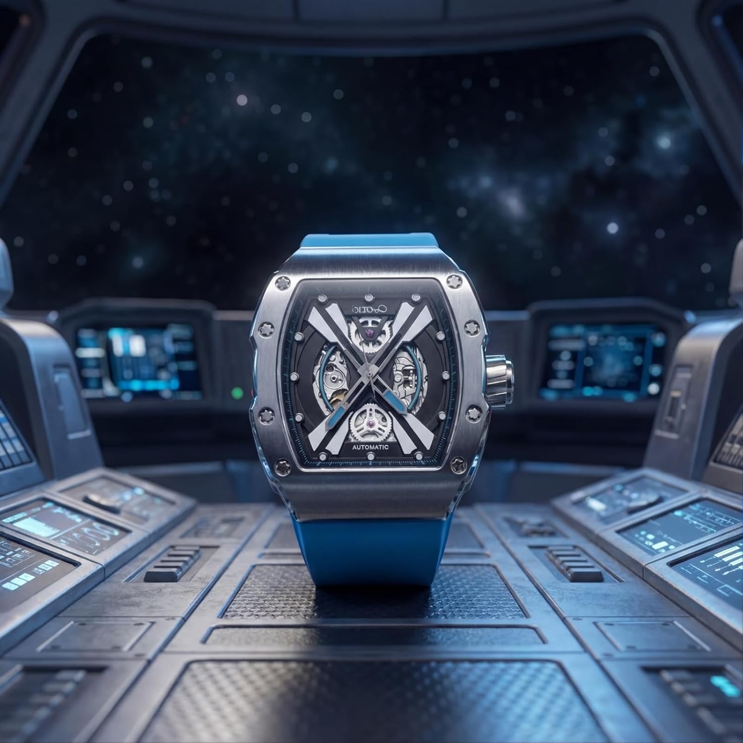 Men's Automatic Mechanical Watch, Design Reef Tonneau Luxury Skeleton Watches for Men