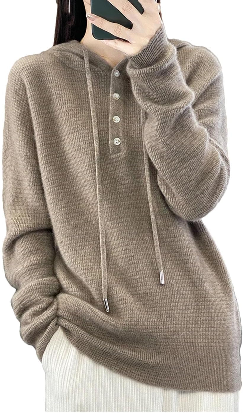 Women's 100% Merino Wool Sweater Long Sleeve Drawstring Buttons Knitted Hoodie Fashion Soft Warm Sweatshirt