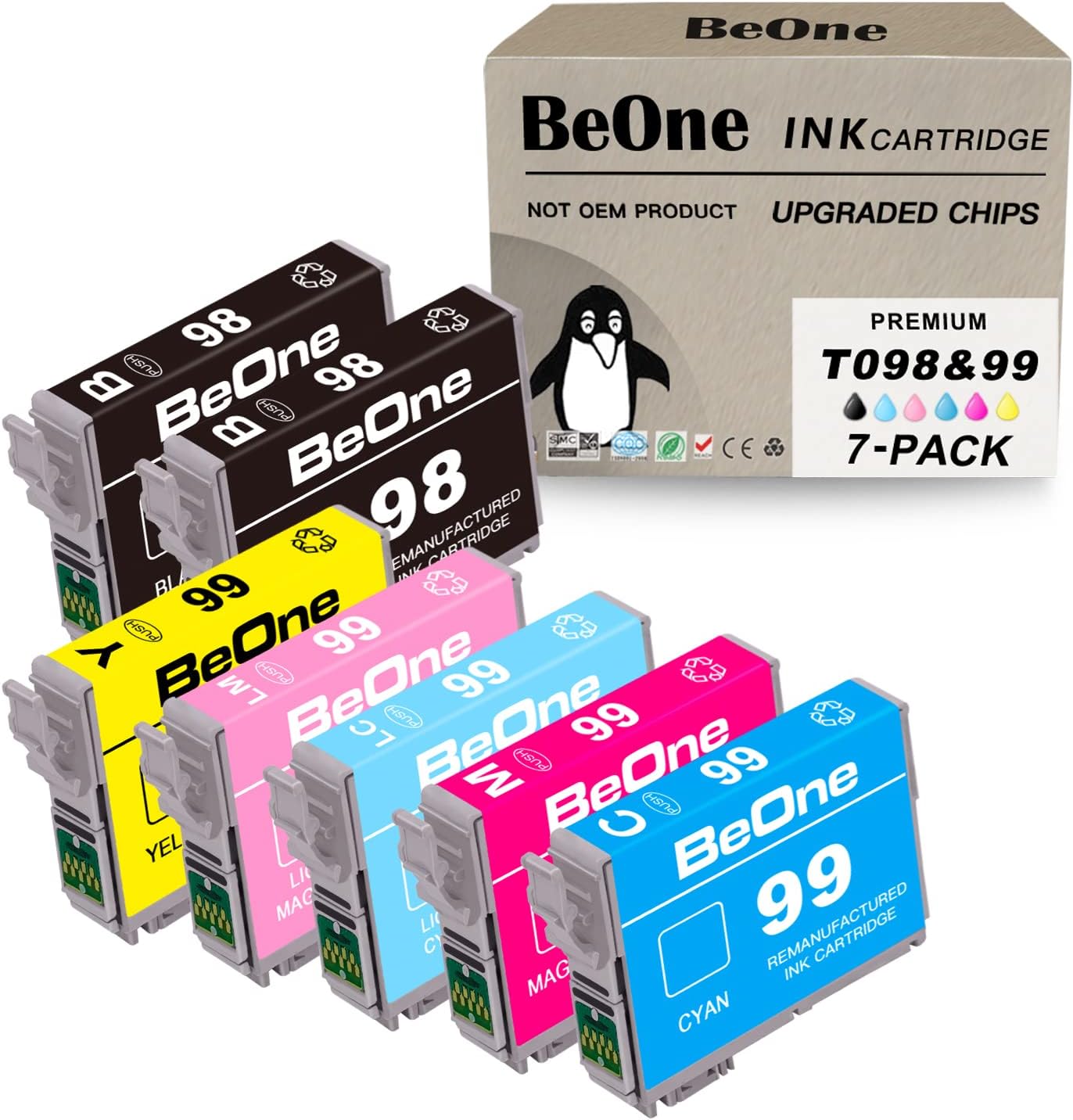 BeOne Remanufactured Ink Cartridge Replacement for Epson T098 T099 98 99 T98 T99 to use with Artisan 700 710 725 730 800 810 835 837 Printer (2Black 1Cyan 1Magenta 1Light Cyan 1Light Magenta 1Yellow)