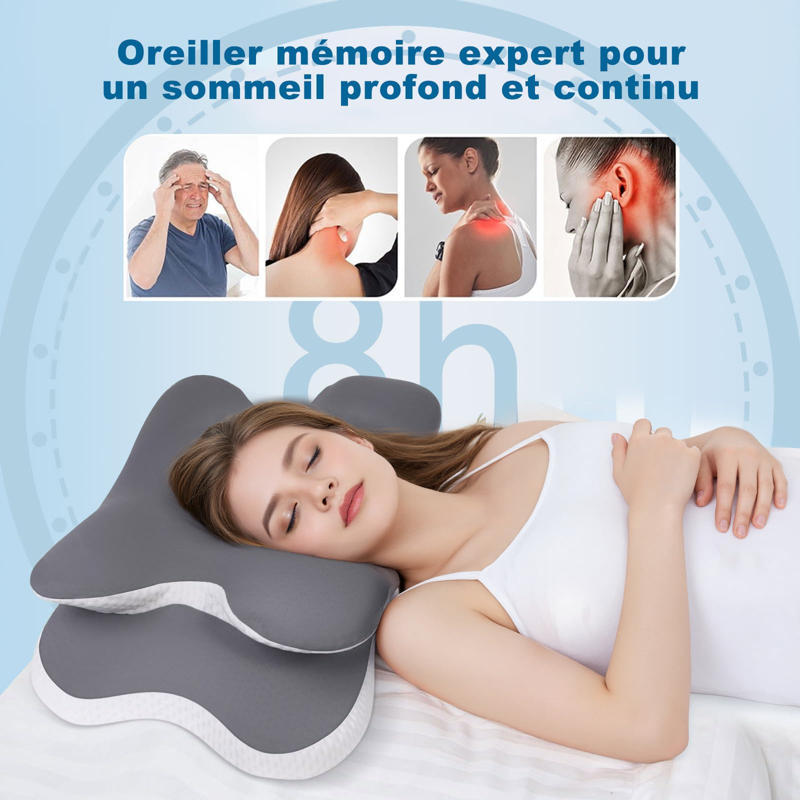Oreiller Ergonomique Cervical, Coussin Orthopédique à Mémoire de Forme pour Soutien de la Nuque, Soulagement des Douleurs, Respirant, Idéal pour Dormir sur Le Côté, Dos et Ventre