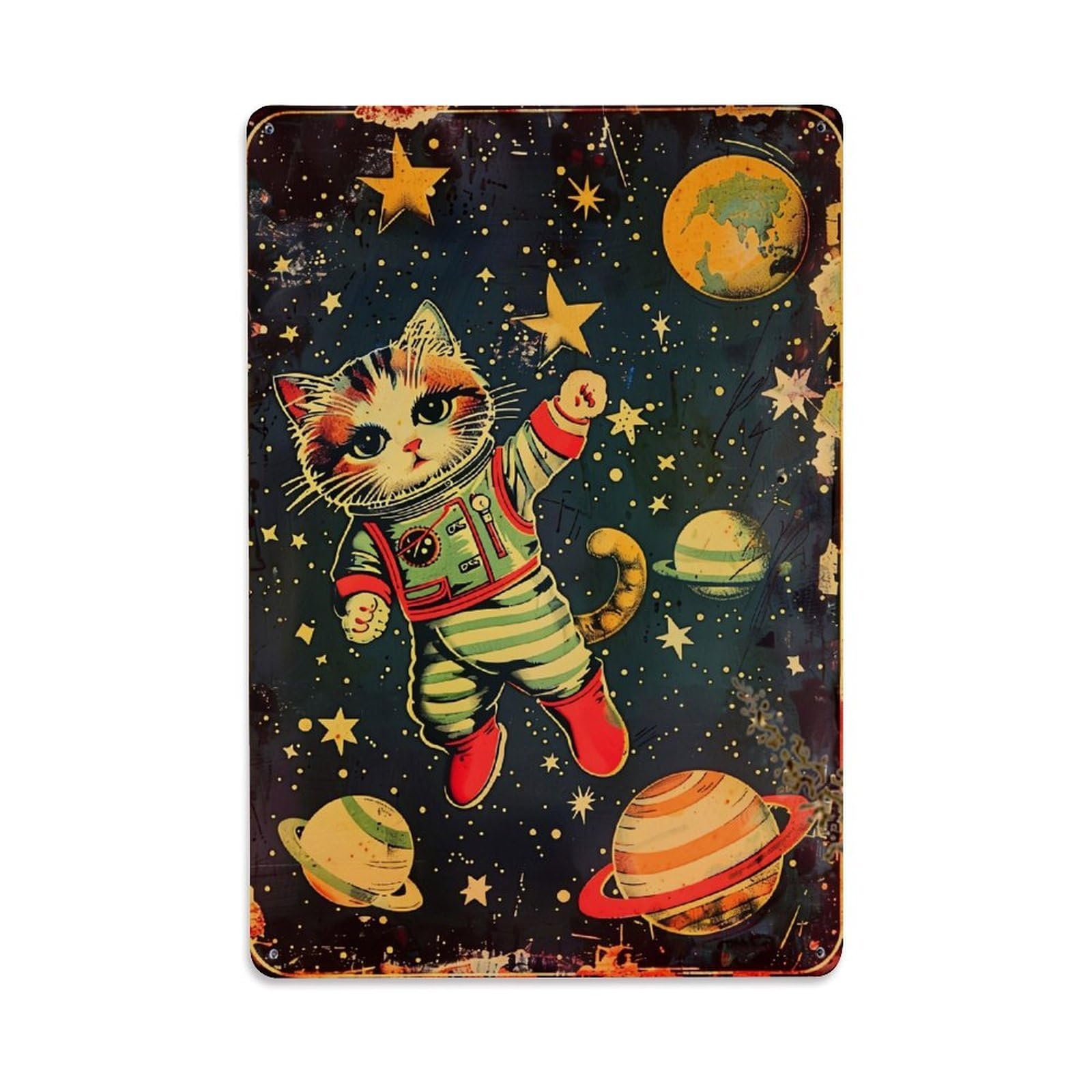 Bliveurn Vintage Cat Astronaut Space Planet Stars Retro Metal Tin Sign, Metal Poster For Home, Gaming Room, Studio Workshop,Bar,Garage Wall Art Decor 8X12 Inch