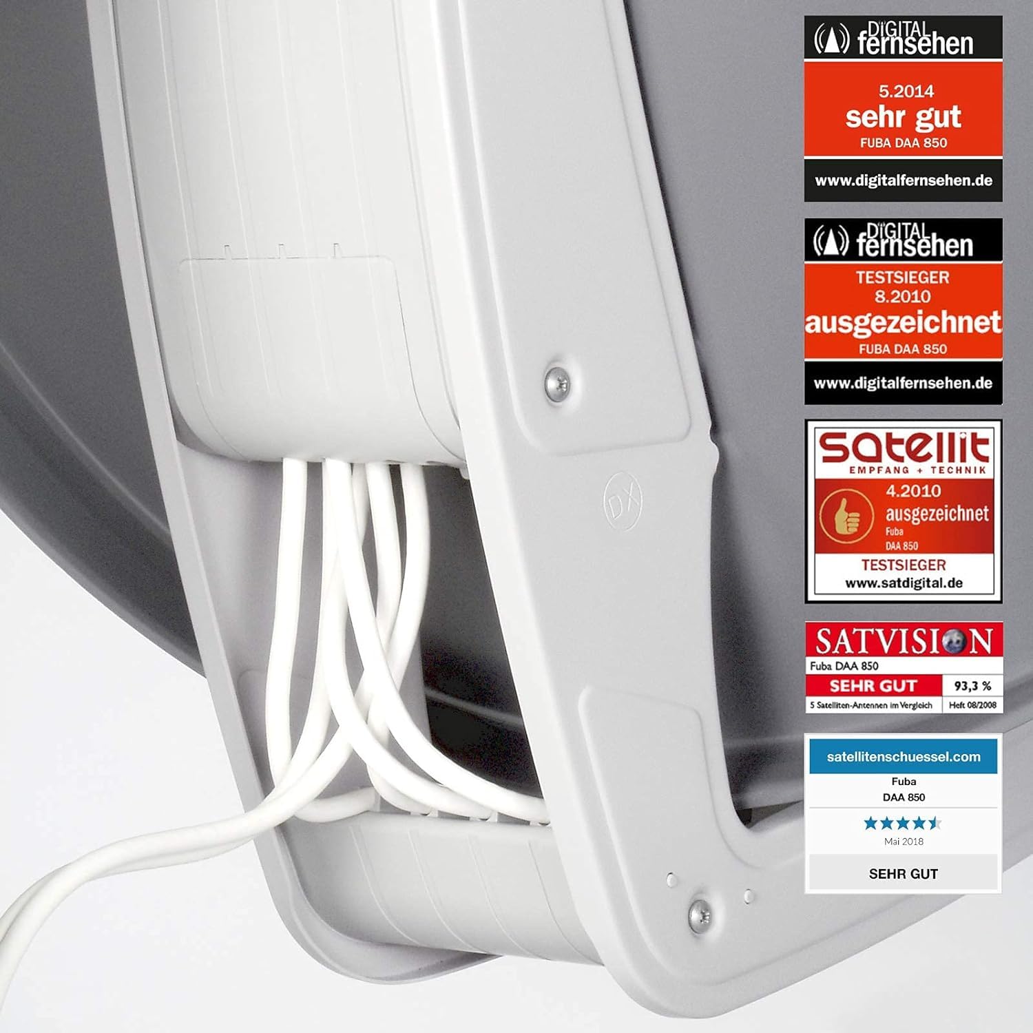 Fuba 8 Teilnehmer Digital SAT Anlage 85cm Schüssel DAA850A Anthrazit + hb-digital UHD 414 S Quattro LNB 0,1dB HDTV 4K + UHD-MS 5/8 Multischalter + Aufdreh-Set + 24 vergoldete F-Stecker Gratis dazu