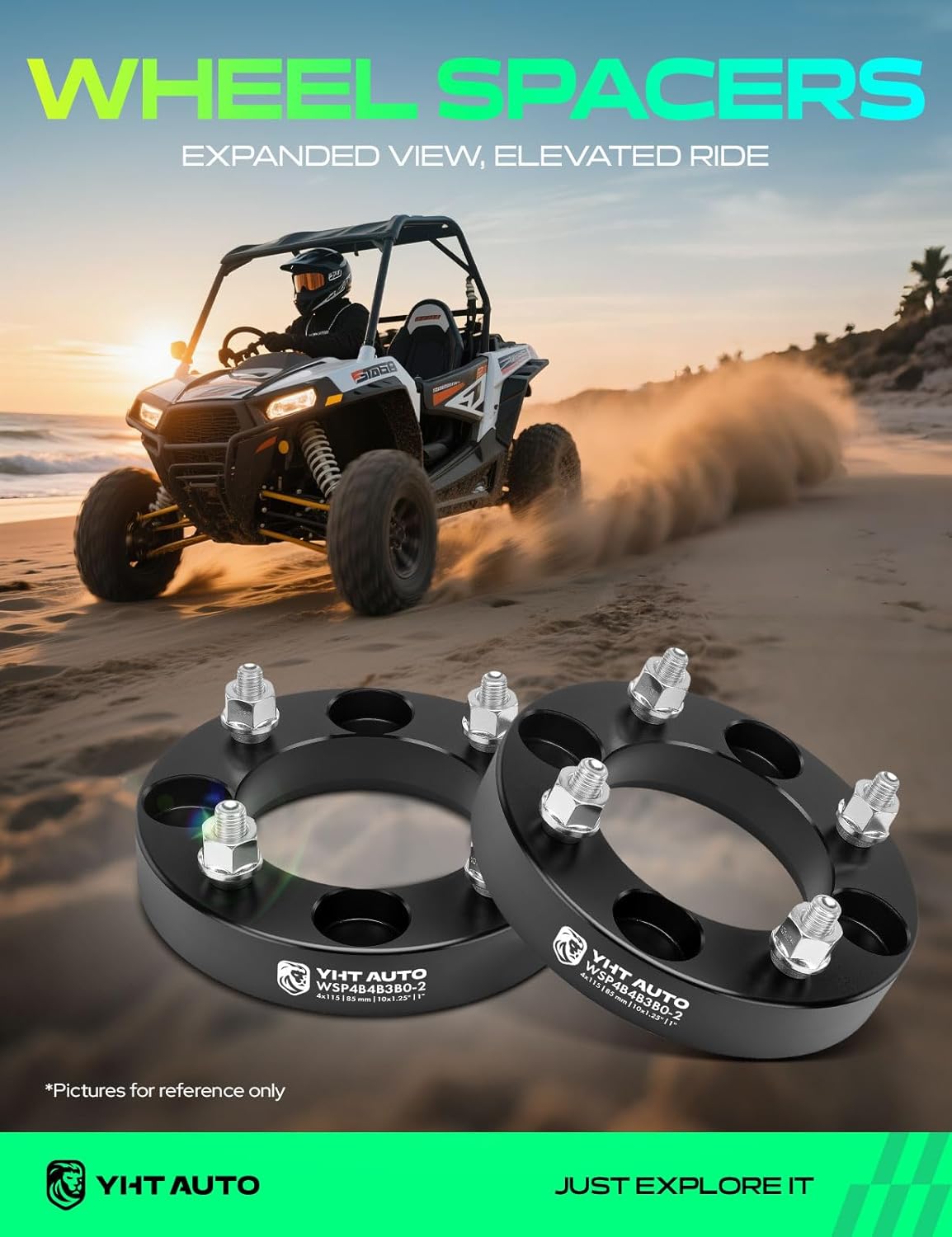 YHTAUTO 4x115mm Wheel Spacers 1" Compatible with Arctic Cat Yamaha Models Warrior, Tire Spacers w/M10x1.25 & 12.9 Grade Studs, 85mm Center Bore 4 Lug 2PCS Black