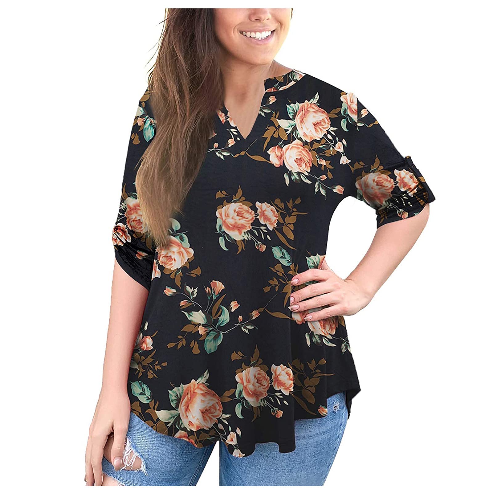 Womens Boho Tunic 3/4 Roll Tab Sleeve Tops Casual Vneck Shirt Floral Printed Tshirt Casual Class-Fit Tshirt Comfy Soft Tees