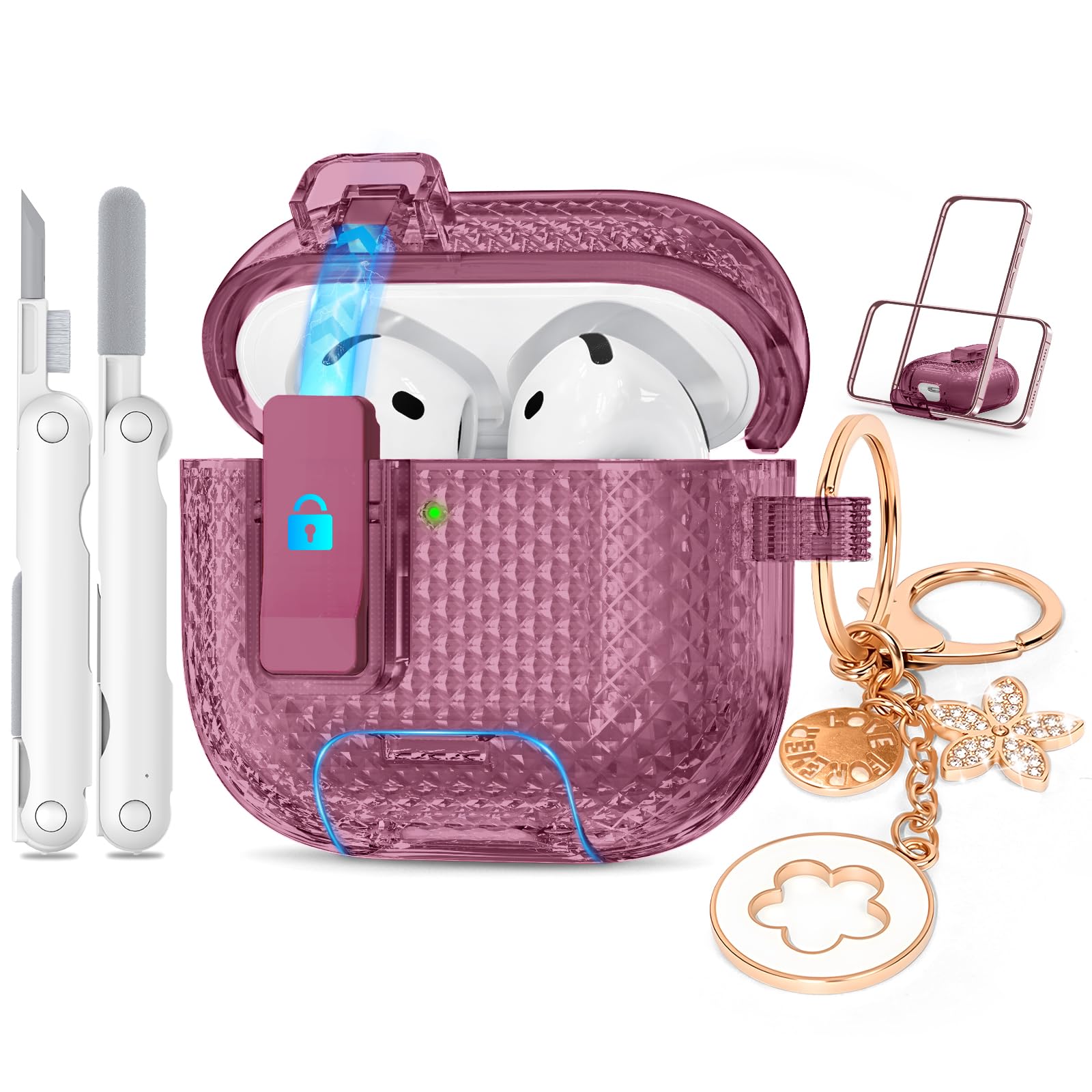 for Airpods 4 Case Purple with Lock&Bling Keychain for Women&Girly,Cute Soft TPU Clear Case Cove for Apple Airpods 4th Generation (2024) with Cleaning