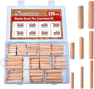 SPEEDWOX 225 Stück Holzdübelstifte, 8 Größen, 1/4 5/16 3/8 Zoll, kleine geriffelte Holzdübel, Stangen, Bastelklammern, Hartholzstift für Möbel, Holzbearbeitung, DIY, Handwerk, mit beschrifteter