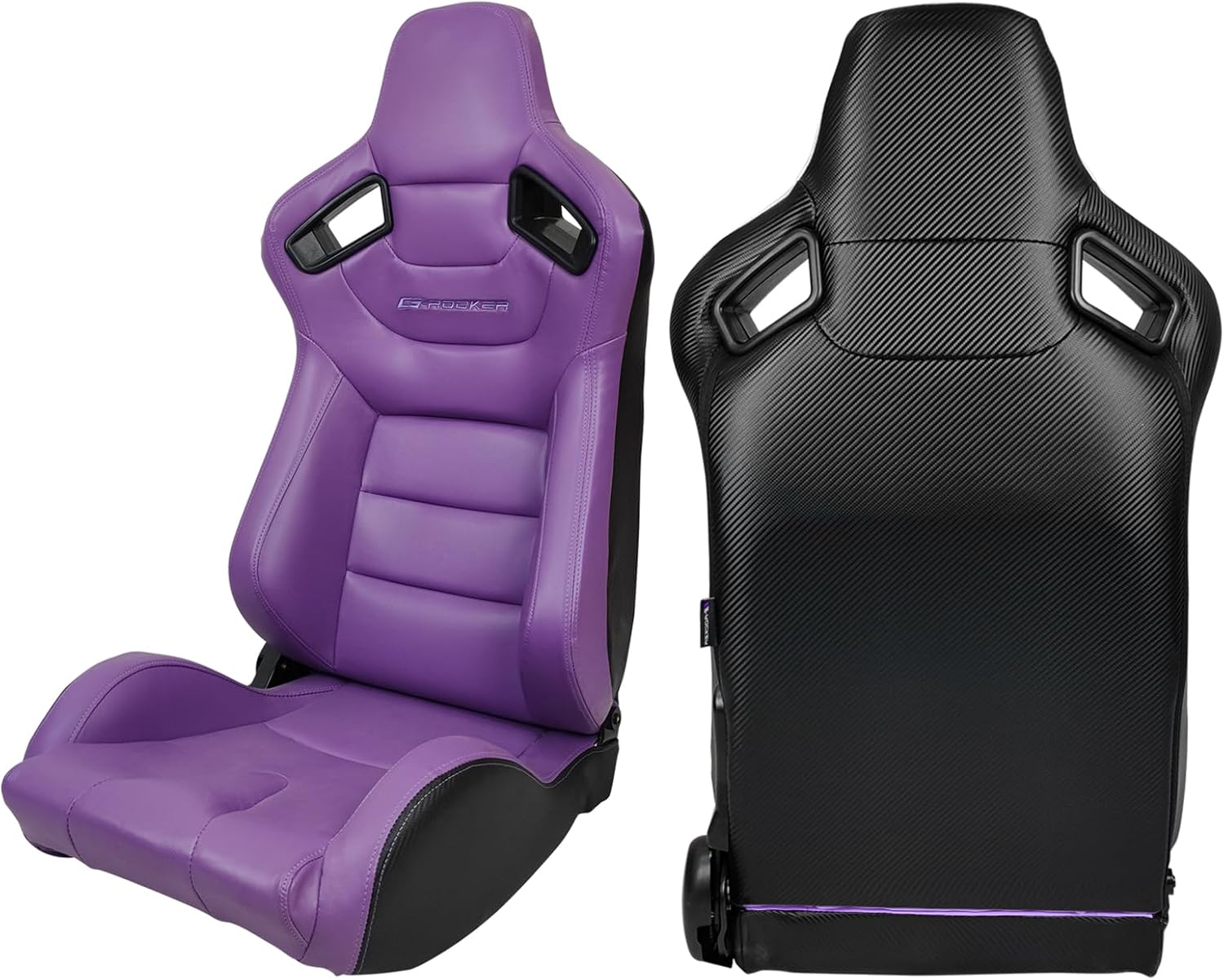 IKON MOTORSPORTS, Universal Racing Seats with Dual Sliders, Reclinable Purple PU & Carbon Leather Sport Bucket Seats, 1 Pair Driver + Passenger Side