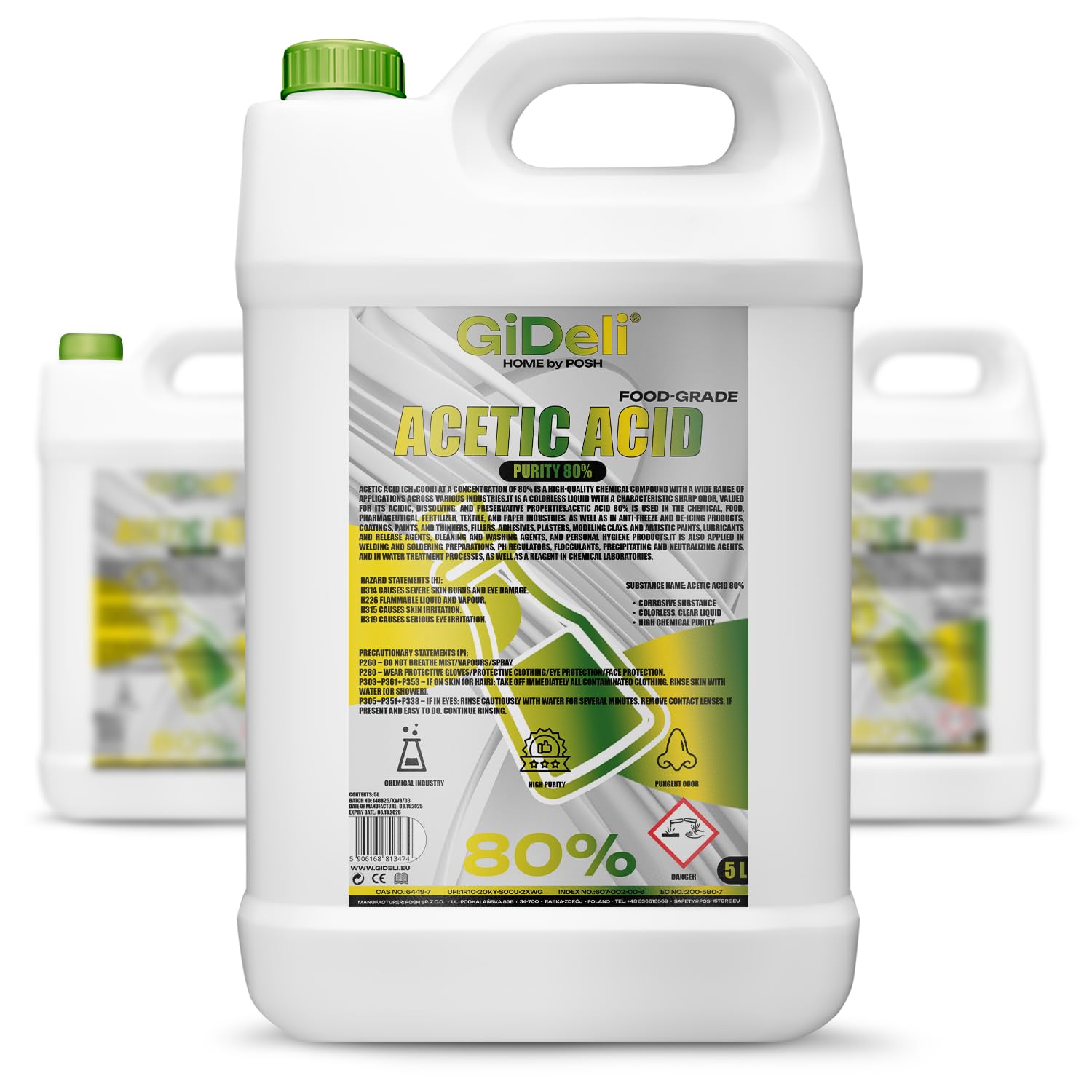 GiDeli Essigsäure 80 Prozent 3x5L - Strong Vinegar for Cleaning - für effektive Reinigung, Entkalkung und Haushaltsgebrauch - Geruchsbeseitigung und Lebensmittelkonservierung