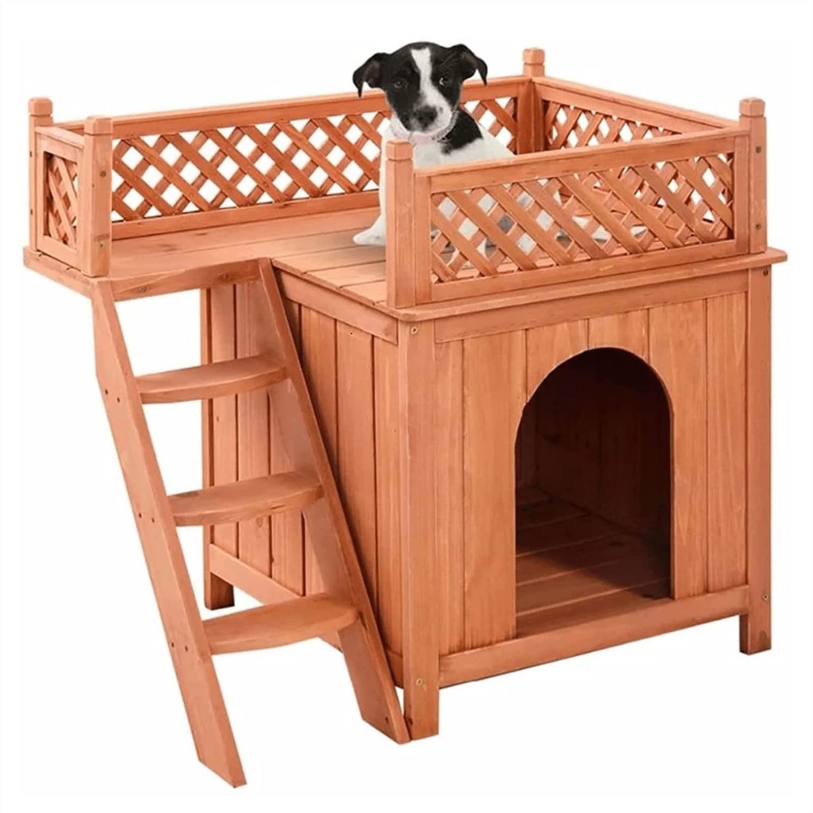 Pet Dog House Drewniany pokój dla psa Schronienie ze schodami Podniesiony dach i łóżko balkonowe do użytku wewnątrz i na zewnątrz Drewniany domek dla psa