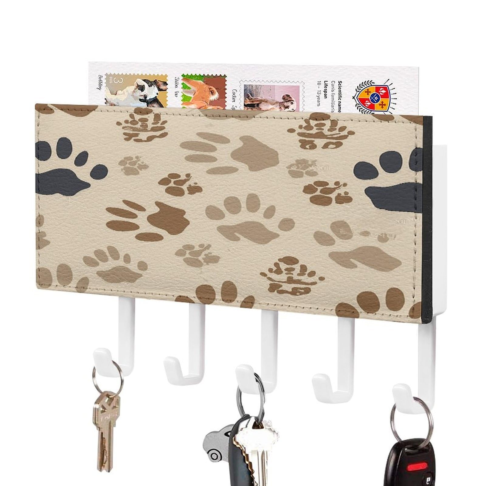 Fekiloot White-Style Bone And Paw Print Key Holder Wall Mount Key Hanger With 5 Hooks Decorative Key Rack Hanging Key Hooks With Mail Organizer Key Holder For Wall Living Room Kitchen Bathroom Hallway White