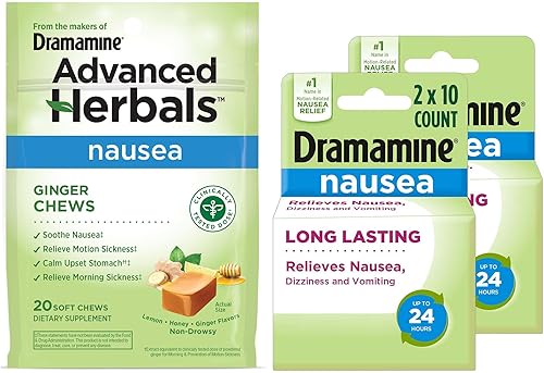 Dramamine - Masticables de jengibre para aliviar náuseas, 20 masticables blandos y fórmula de larga duración, 18 unidades (paquete de 2)