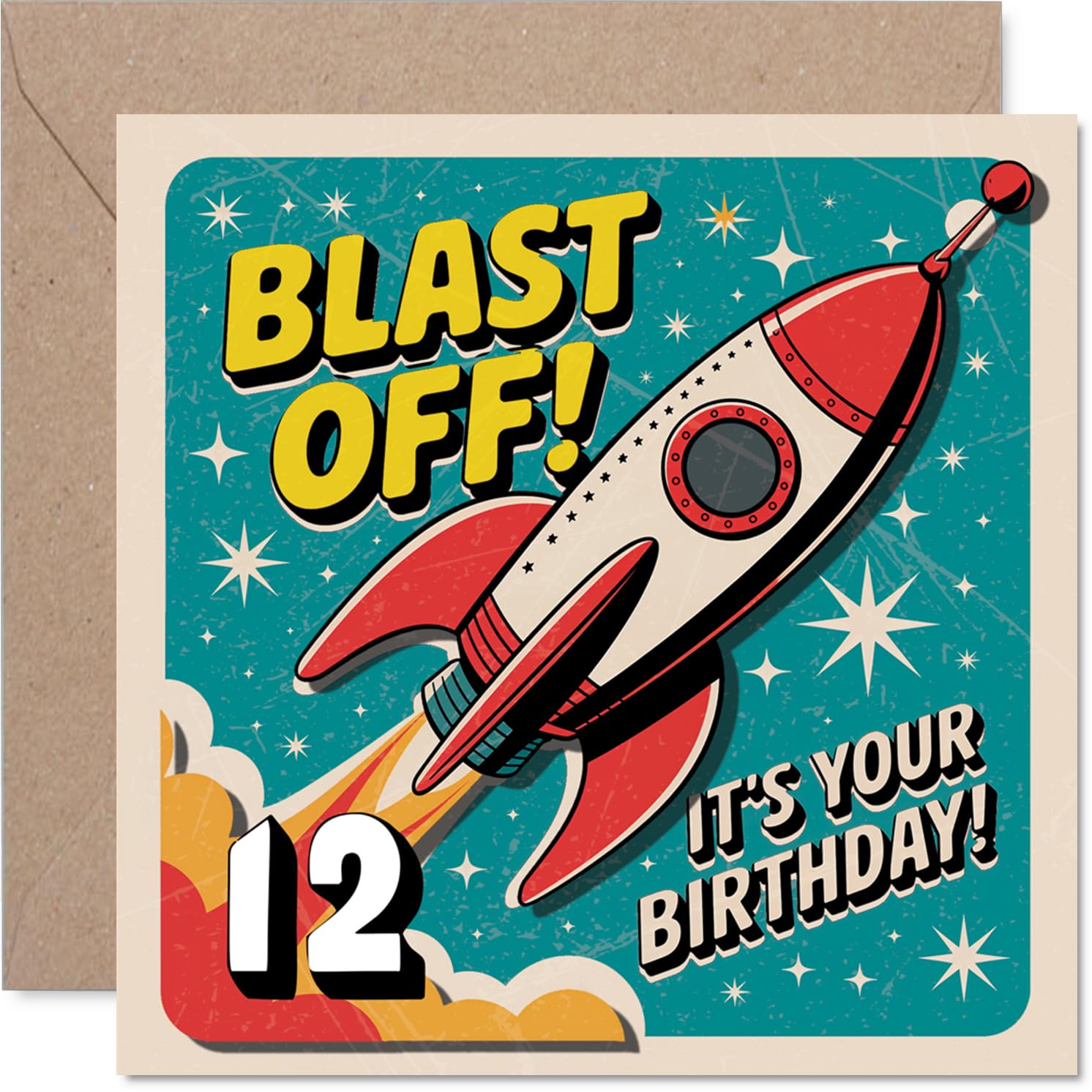 Playful 12th Birthday Card - Blast off to Twelve - Vibrant Rocket and Space Scene with Bold Red, Blue and Yellow - 145mm Square, Envelope Included