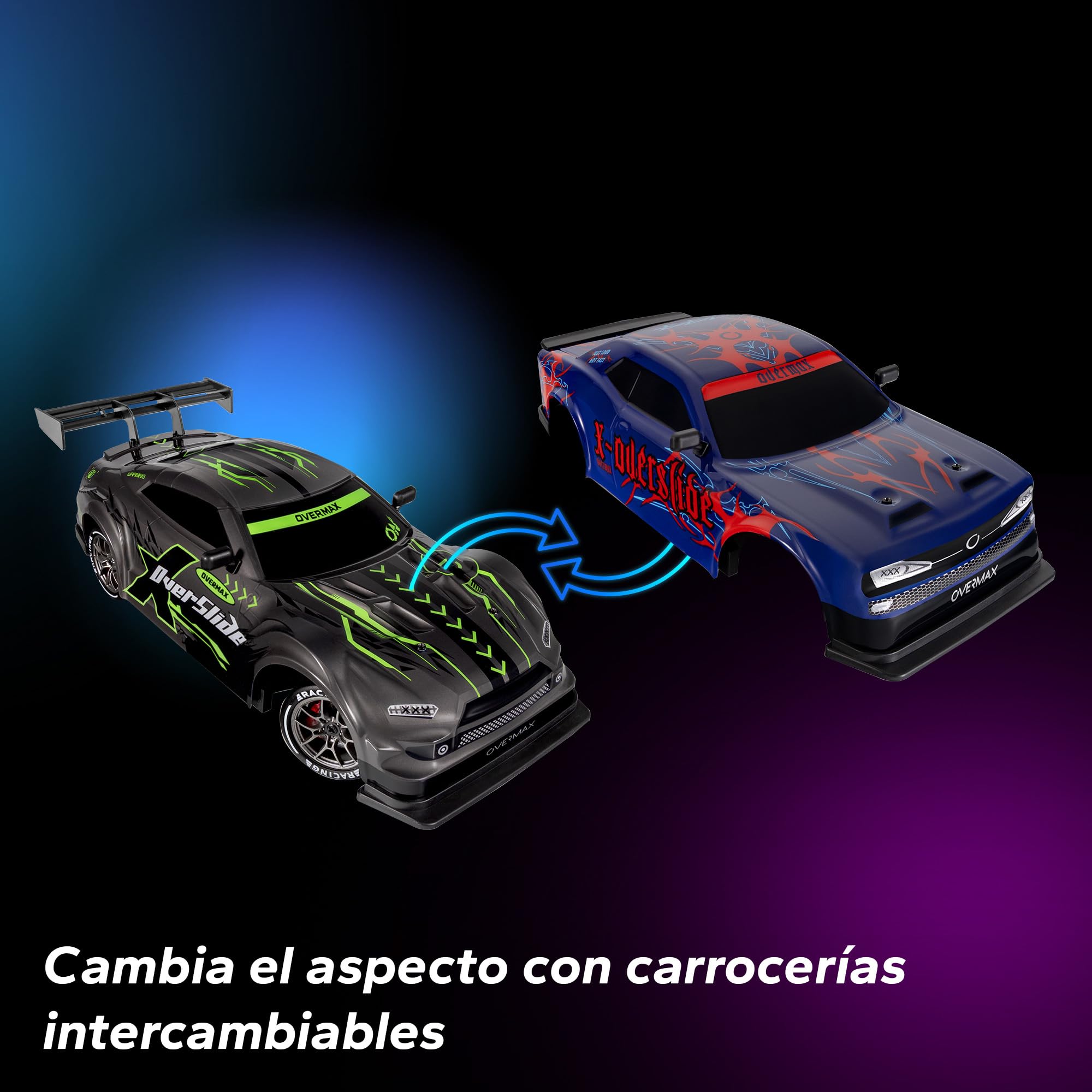 Overmax X-OVERSLIDE Coche RC teledirigido para Drift, Auto para Niños 8+, 1:16, 20 km/h, Alcance de hasta 80 m, Tracción 4WD, 2 Baterías de 500 mAh, Juego de Llantas y Obstáculos, Carcasa Adicional