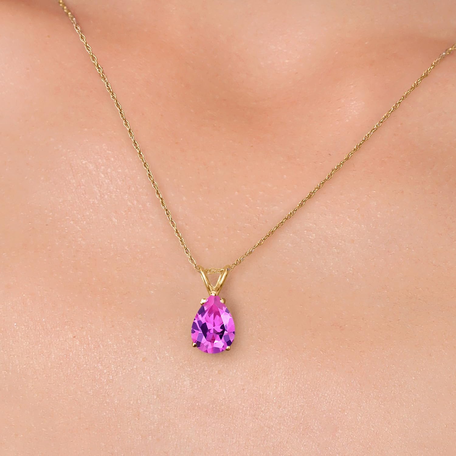 Gem Stone King 14K Yellow Gold Pink Created Sapphire Pendant Necklace for Women | 2.41 Cttw | Gemstone September Birthstone | Pear Shape 10X7MM | With 18 Inch Chain - Image 3