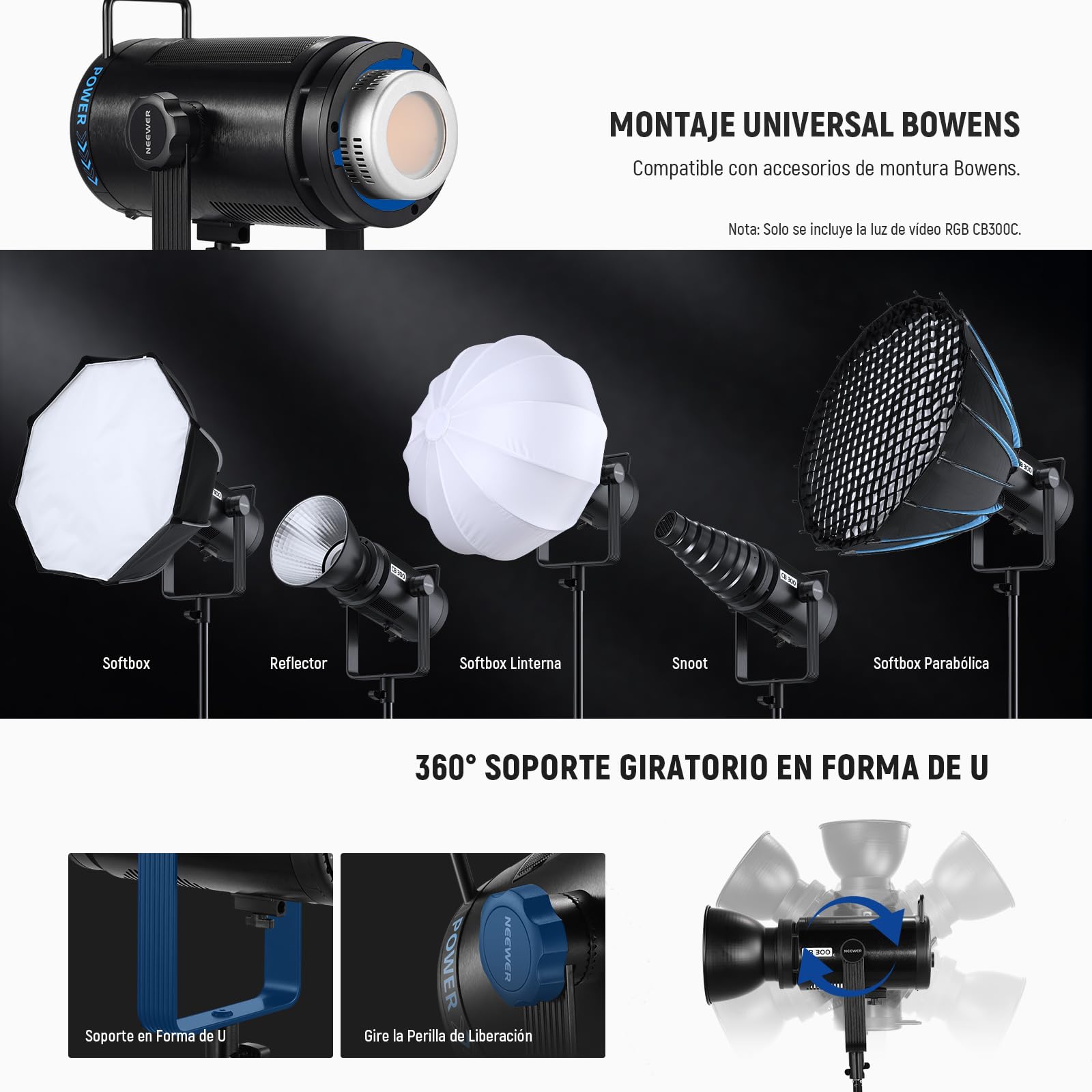 NEEWER CB 300C Luz Vídeo LED 300W con Reflector, Montaje Bowens, 155000Lux/1m 5600K COB Iluminación Continua CRI97+/TLCI97+ Foco Estudio Regulable, App/2,4G/Control Integrado para Grabación Películas