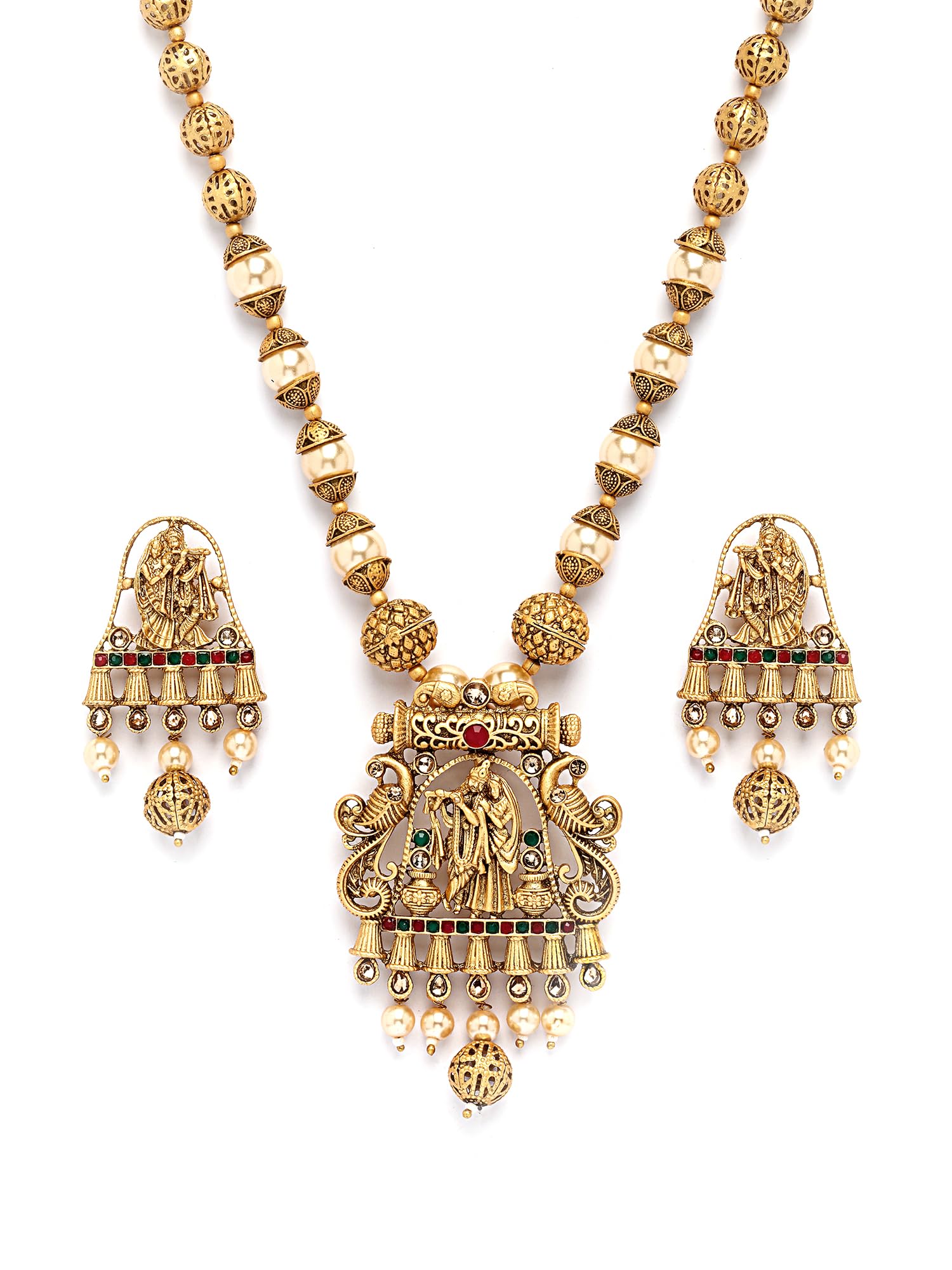 karatcart Elegant Gold-Plated Radha Krishna Rani Haar Necklace Set with Red and Green Stones-picture-23