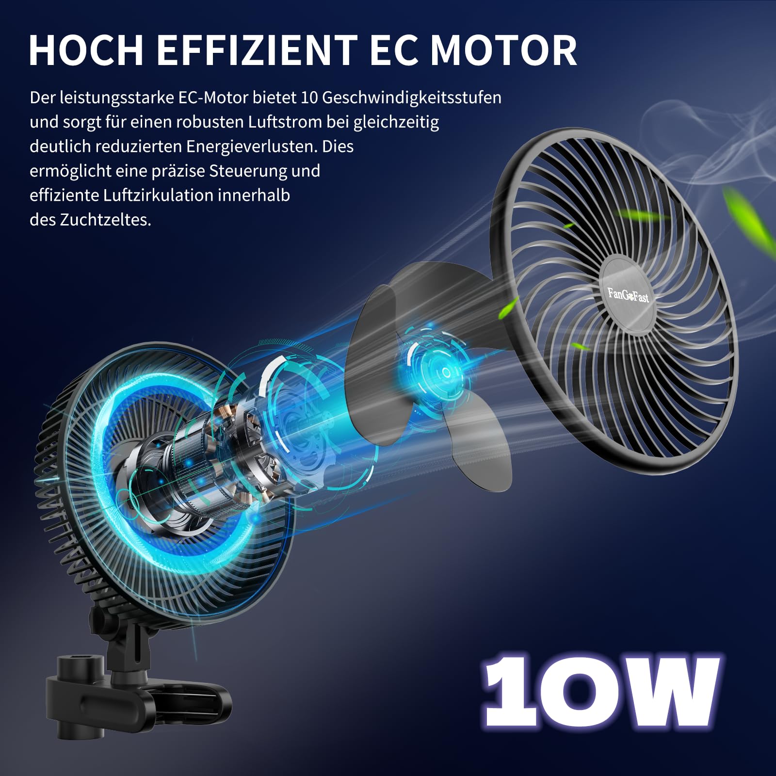 FanGoFast Ventilateur Clipable 10W, Ventilateur de Culture avec Clip, EC Moteurs Manuelle Oscillation, 10 Vitesses, Silencieux Oscillant pour Tente de Culture