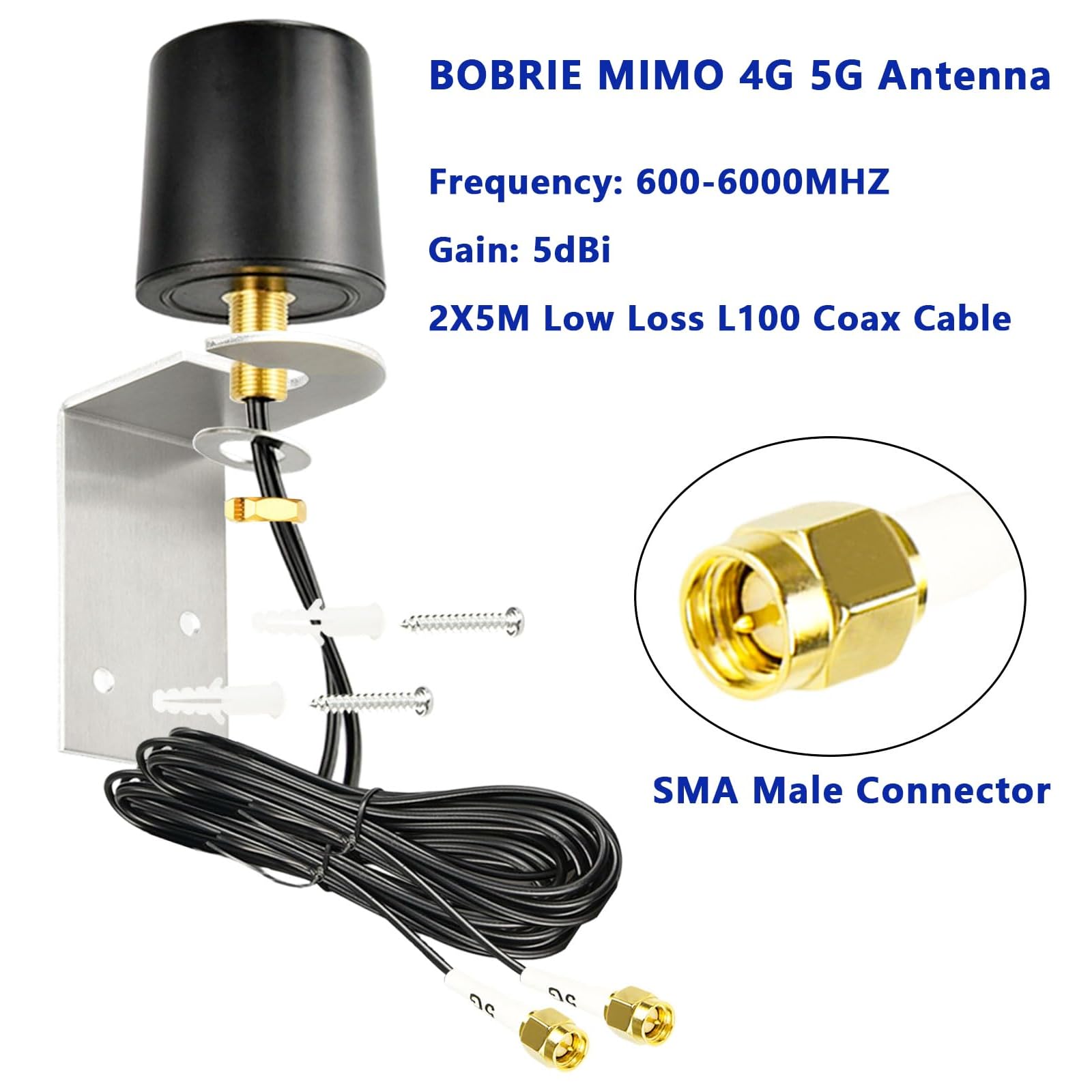 Antena exterior 4G 5G LTE de 600 – 6000 MHz MIMO 5G LTE antena externa omnidireccional 5 dBi con conector SMA dual de 5 m de baja pérdida BMR100 cable coaxial para enrutadores 4G/5G, WiFi, IoT