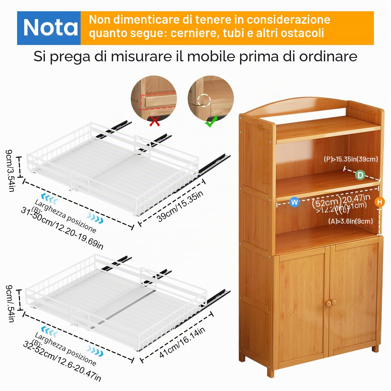 Cassetto telescopico a 2 pezzi, ripiano estraibile per cassetto da cucina Exadale, cassetto scorrevole estensibile, larghezza regolabile, 2 misure: 3150 cm