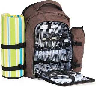 CampFeuer Mochila de Picnic con 32 Piezas para 4 Personas | Color Marrón Moteado | Incl. Portabotellas, Manta de Picnic, Compartimento Nevera y Utensilios de Camping | Mochila Nevera Isotérmica