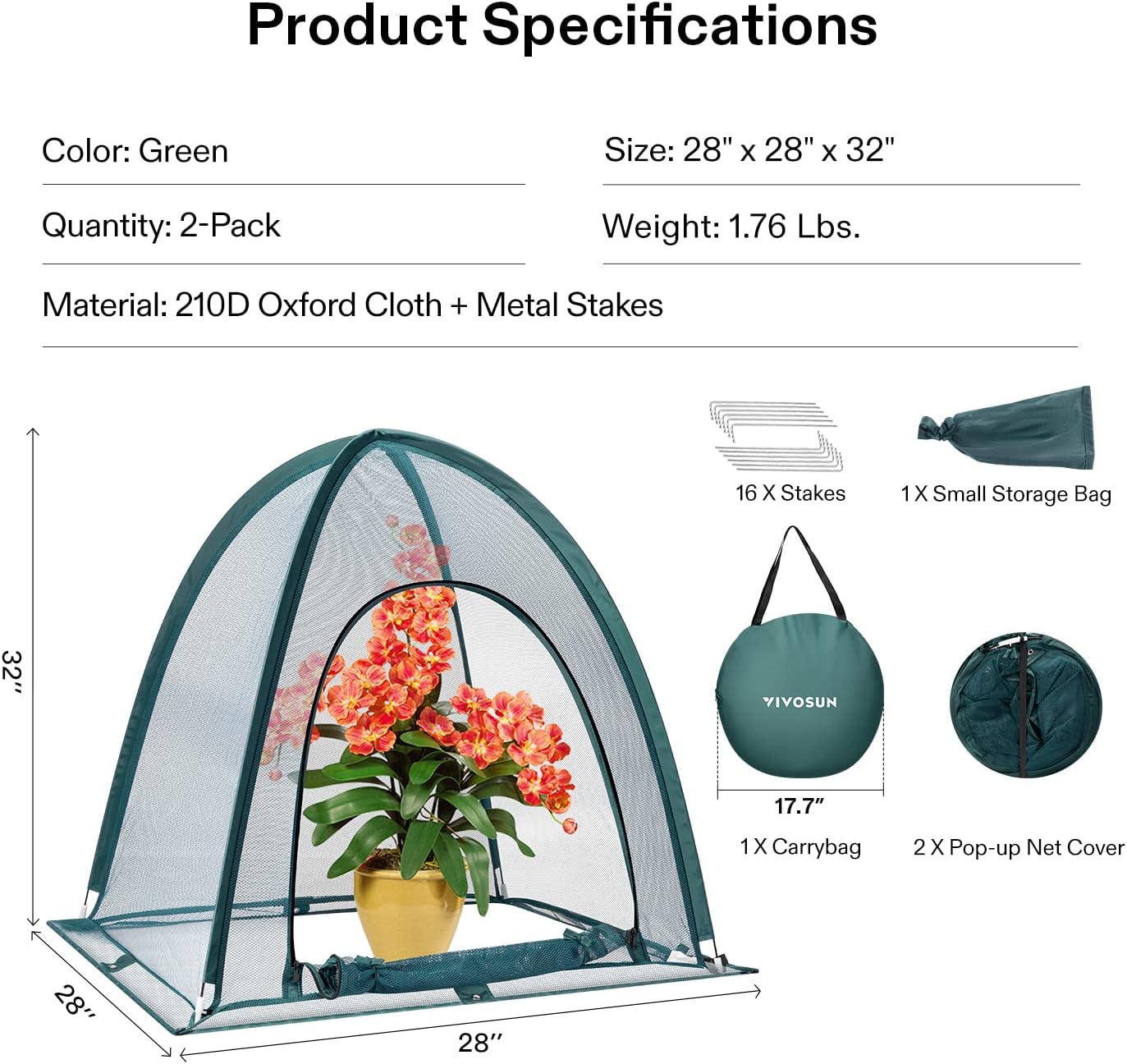 VIVOSUN Garden Netting Cover, 28 x 28 x 32 Inch Pop-up Guard Cover with Zip Entry for Plants, Vegetables, Fruits, Outdoor Run and Enclosure for Small Animals, 2-Pack, Green