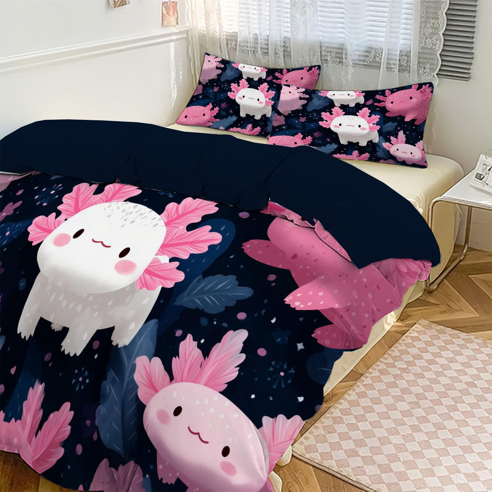 Housse de couette axolotl bleu marine pour grand lit enfant parure de lit 220x240