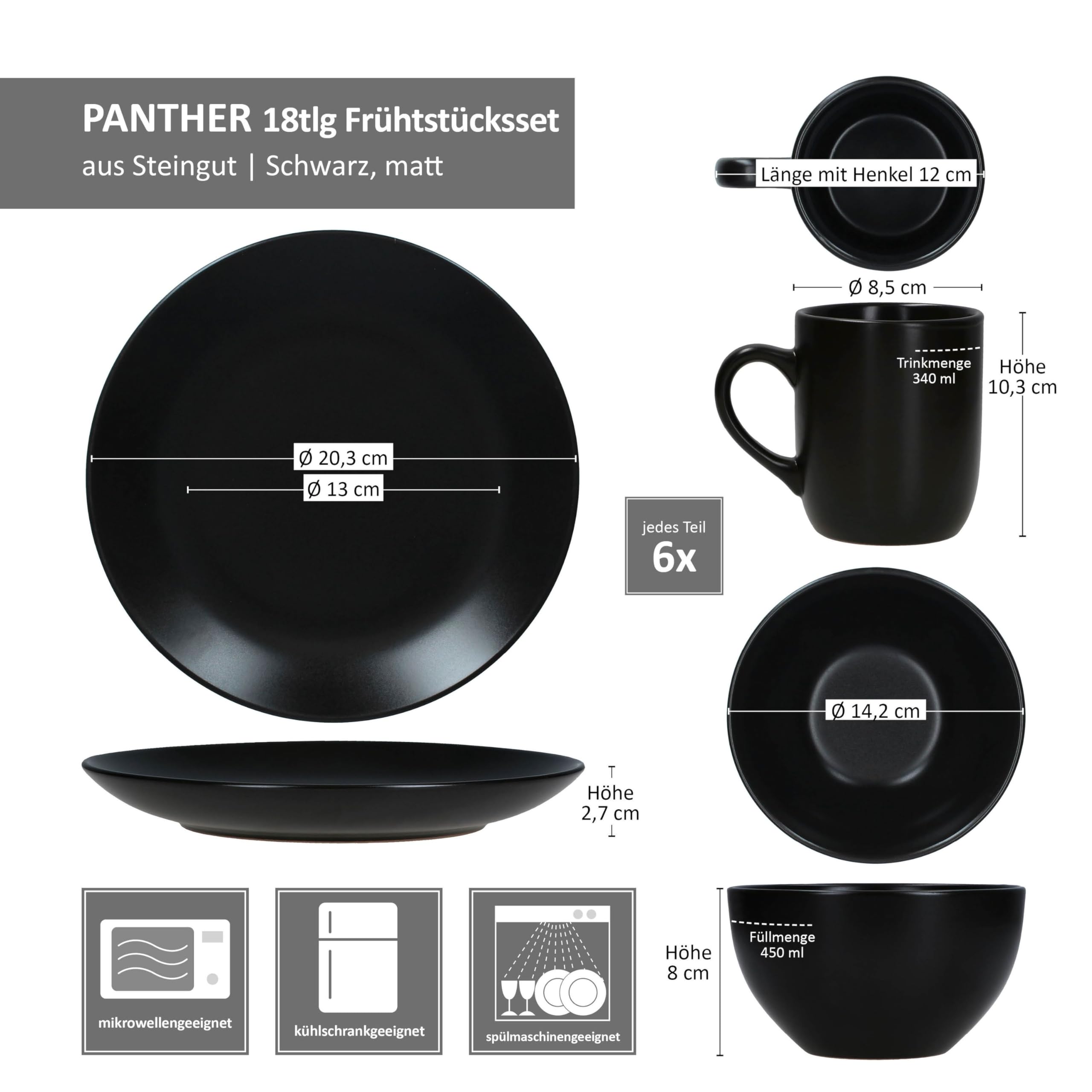 MamboCat Panther Service de petit-déjeuner 18 pièces noir mat I 6 petites assiettes, bol 450 ml et tasse à café 340 ml, hauteur 10,3 cm pour 6 personnes I Vaisselle en faïence pour le petit déjeuner