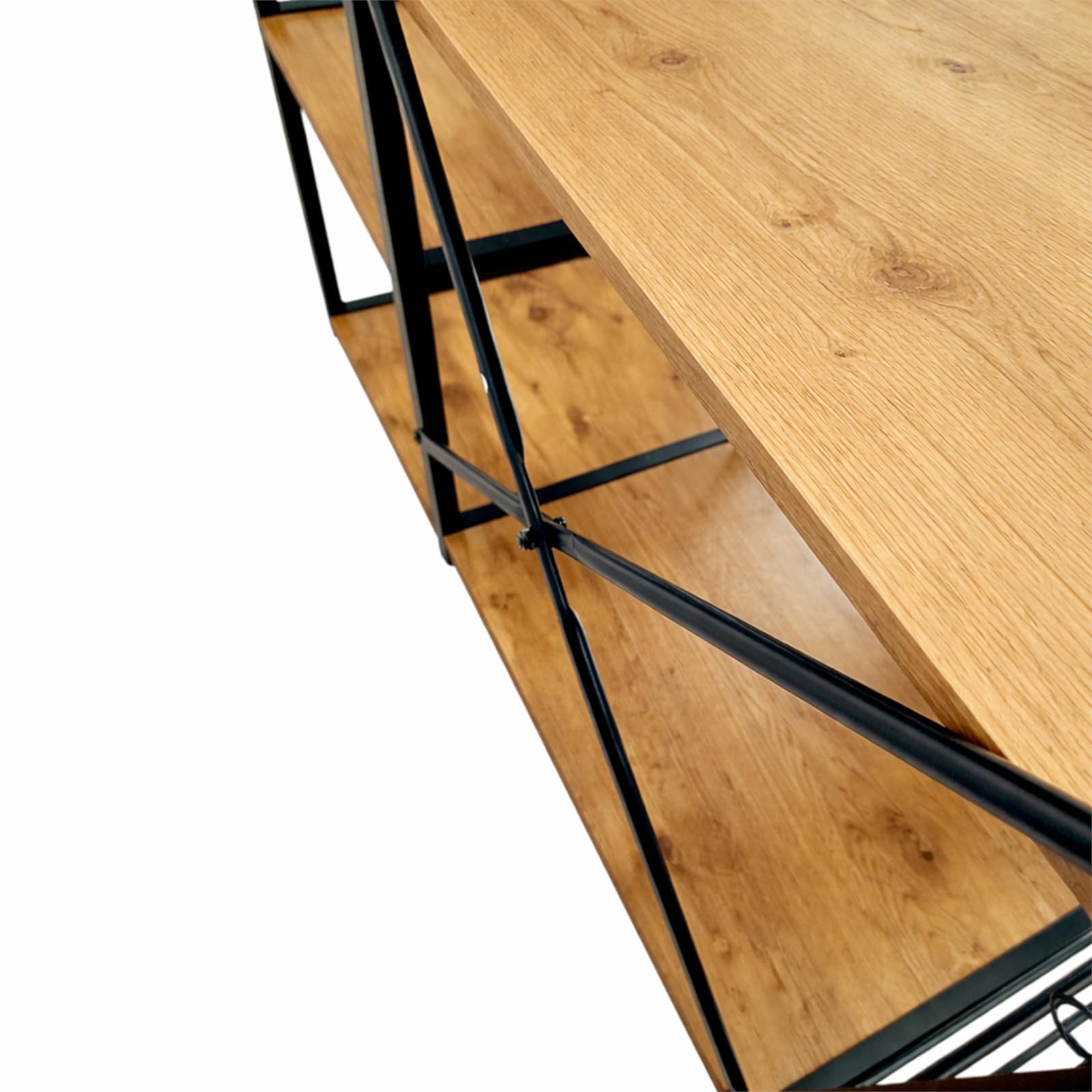 Küchenregal freistehend, Mikrowellenregal mit 4 Ablagen, Drahtkorb und Hakenleiste, Küchenorganizer im Industrial Design aus Metall und Eichenoptik, 90 x 40 x 84 cm