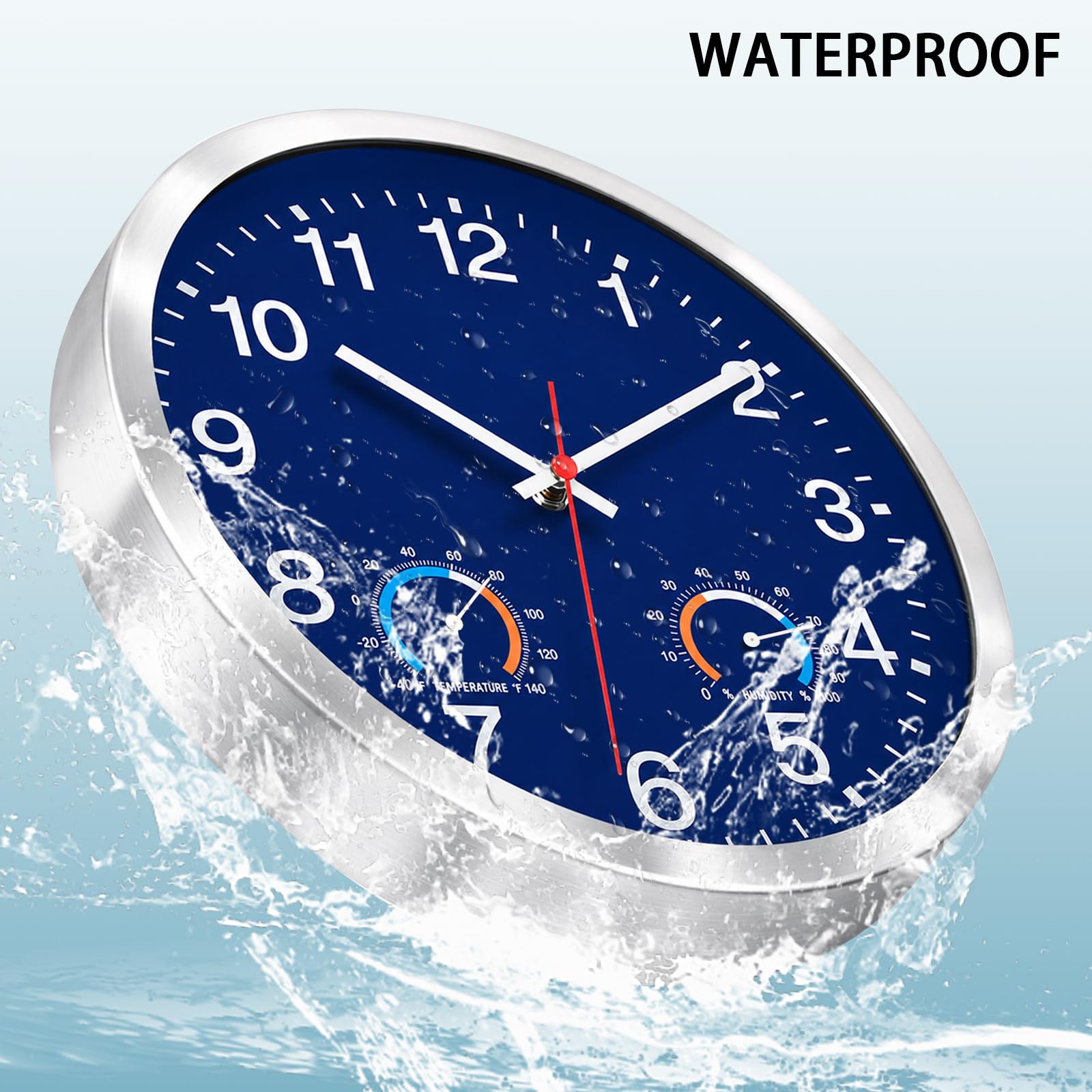 Caysie Horloges murales étanches en métal à quartz pour intérieur et extérieur - 30,5 cm - Avec thermomètre et hygromètre - Fonctionnement à piles - Pour terrasse, piscine, salle de bain, maison (bleu