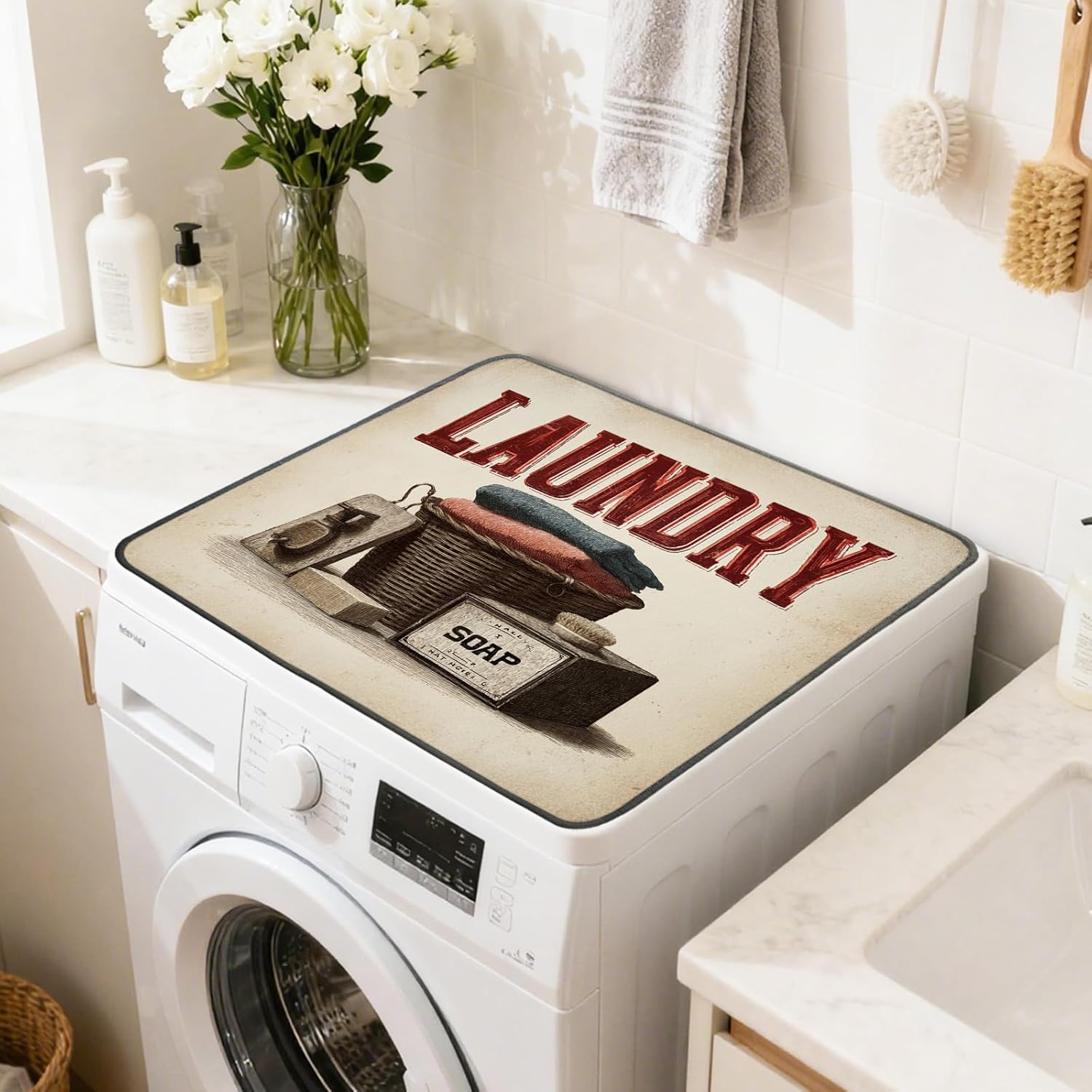 Nuxovilar Retro Laundry Basket Dryer Cover for the Top, Non-slip Washer & Dryer Protector, 23.62"x19.68" Dust-proof Washing Machine Mat, Diatom Mud Polyester Dryer Top Pad for Laundry Room