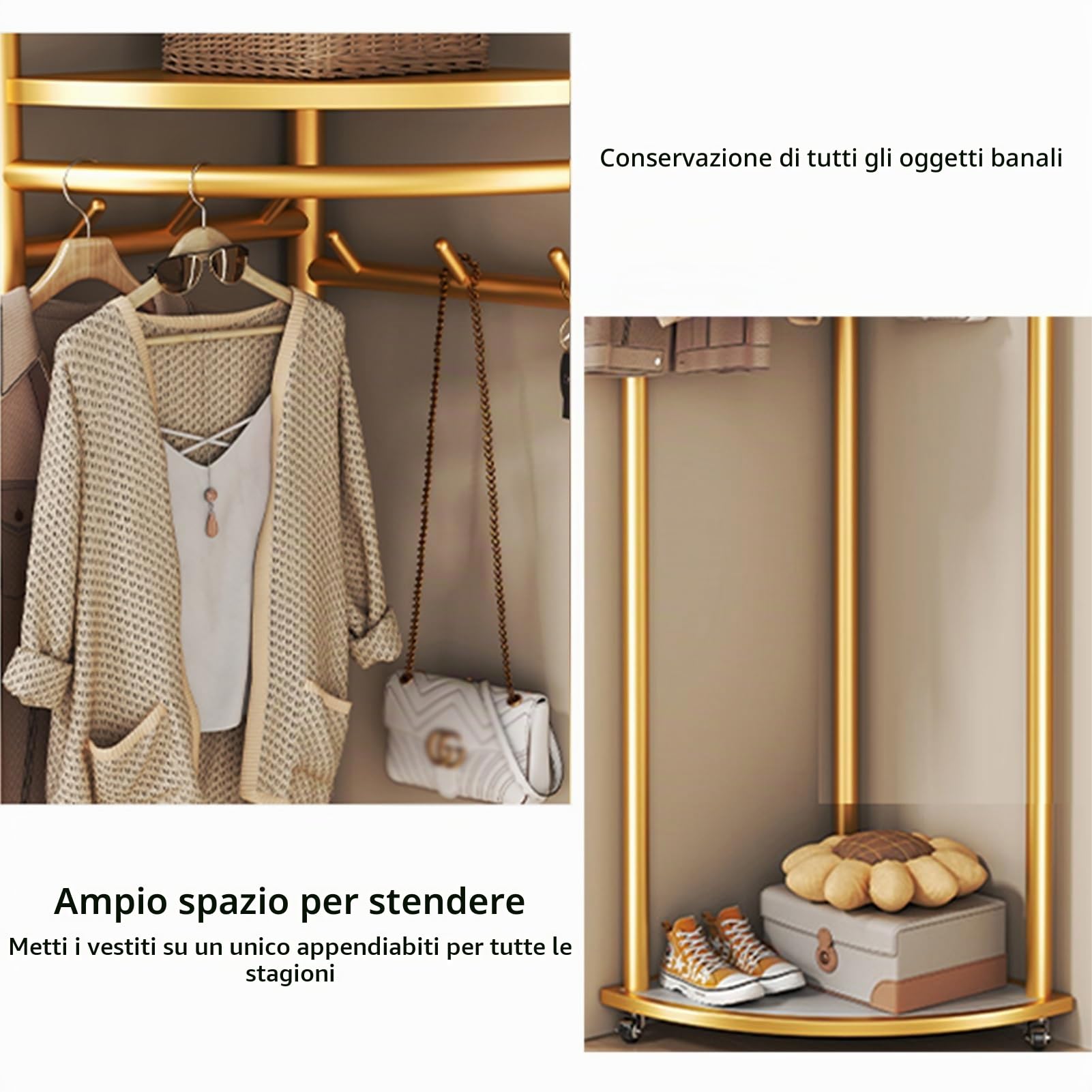Appendiabiti Angolare Mobile, Appendiabiti Da Ingresso In Acciaio Al Carbonio Con Spazio Di Archiviazione, Appendiabiti Indipendenti, Adatto For La Casa, La Camera Da Letto, Il Soggiorno(Gold)