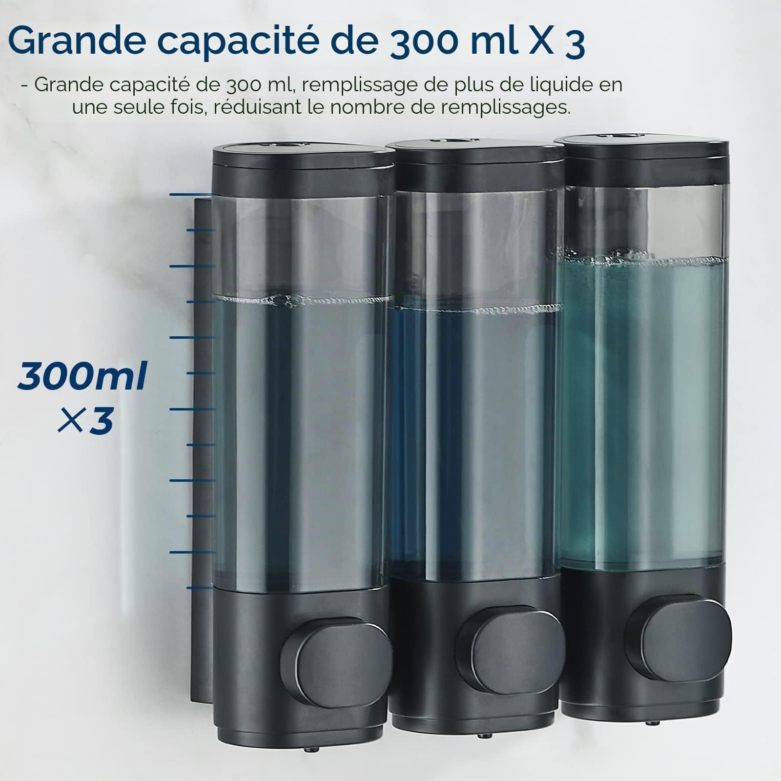 Modunful Distributeur de Shampooing et d'Après-Shampoing, Distributeur de Douche à 3 Chambres sans Perçage, Mural pour Salle de Bain, Grande Capacité, Noir