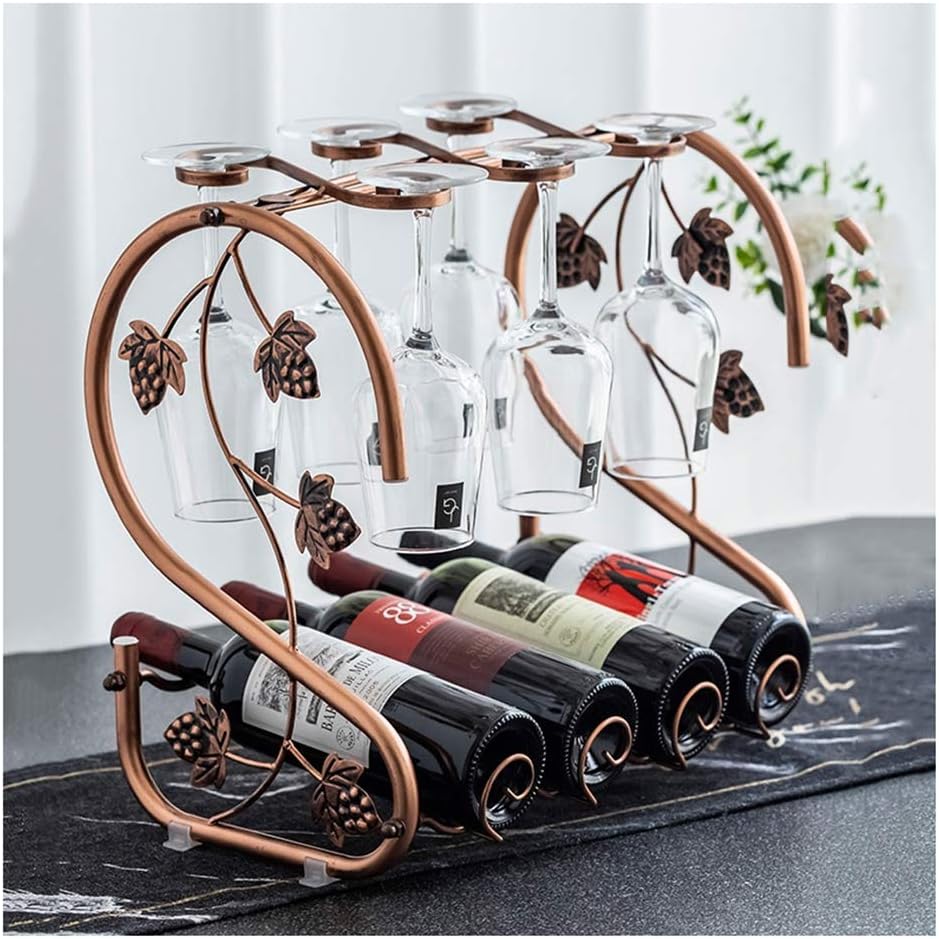 Freestanding Wine Rack, Metal Wine Bottle Holder, Hanging Wine Glass Rack, Home Decorations, Holds 4 Bottles and 6 Glasses - 42×23.5×39cm