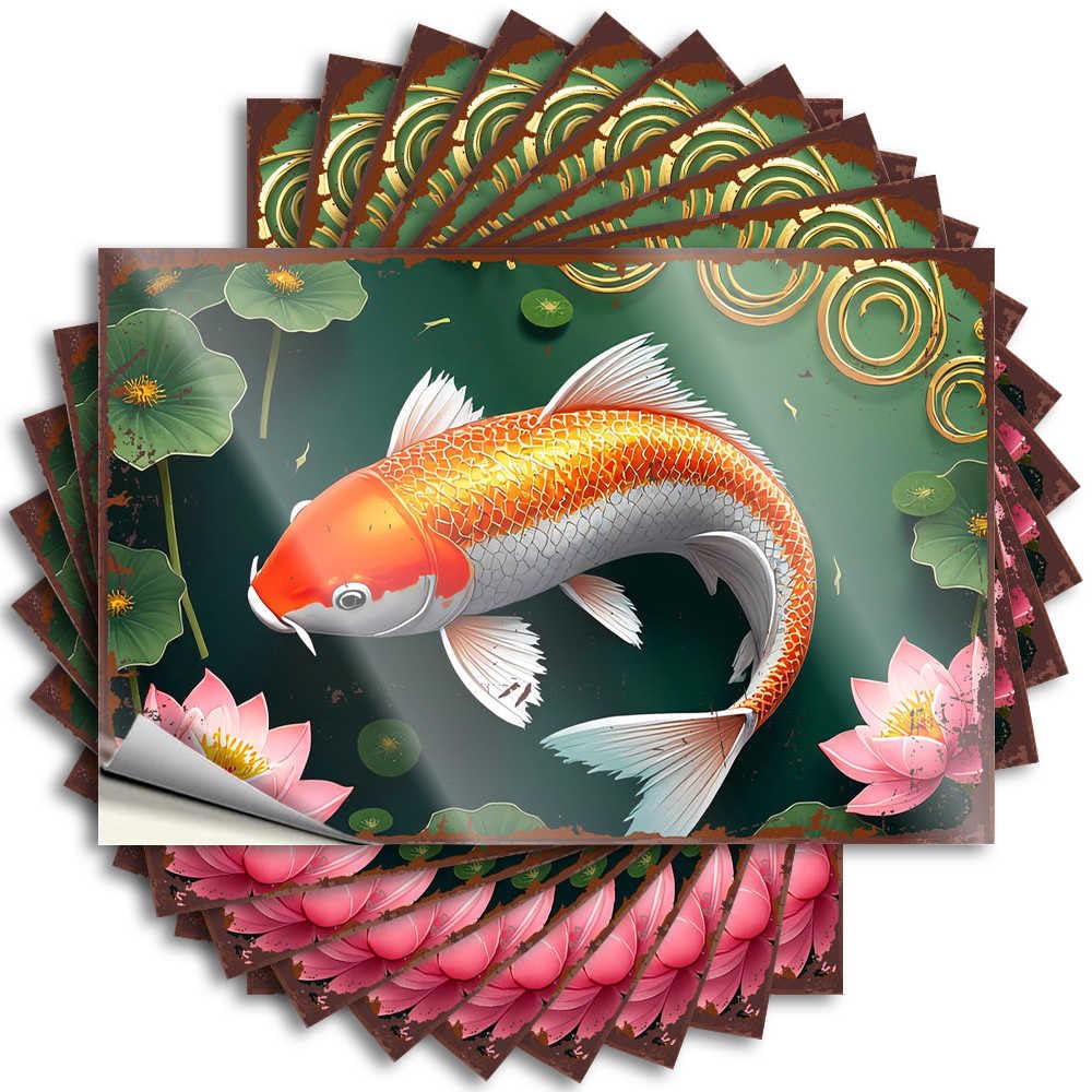 Stickers Patio Decor Easy Apply | Koi Fish Swimming Among Lotus Flowers in A Serene Pond Western Bathroom Tumbler Peel and Stick(8X12CM)
