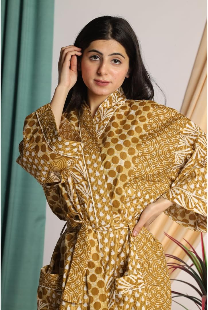 Cotton Long Kimono Robe for Women, Lightweight Soft Bohemian Hand Block Floral Printed Kaftan Bathrobe with Tie Waist for Loungewear, Spa & Resort Wear, Beach - Free Size, Mustard - Image 5