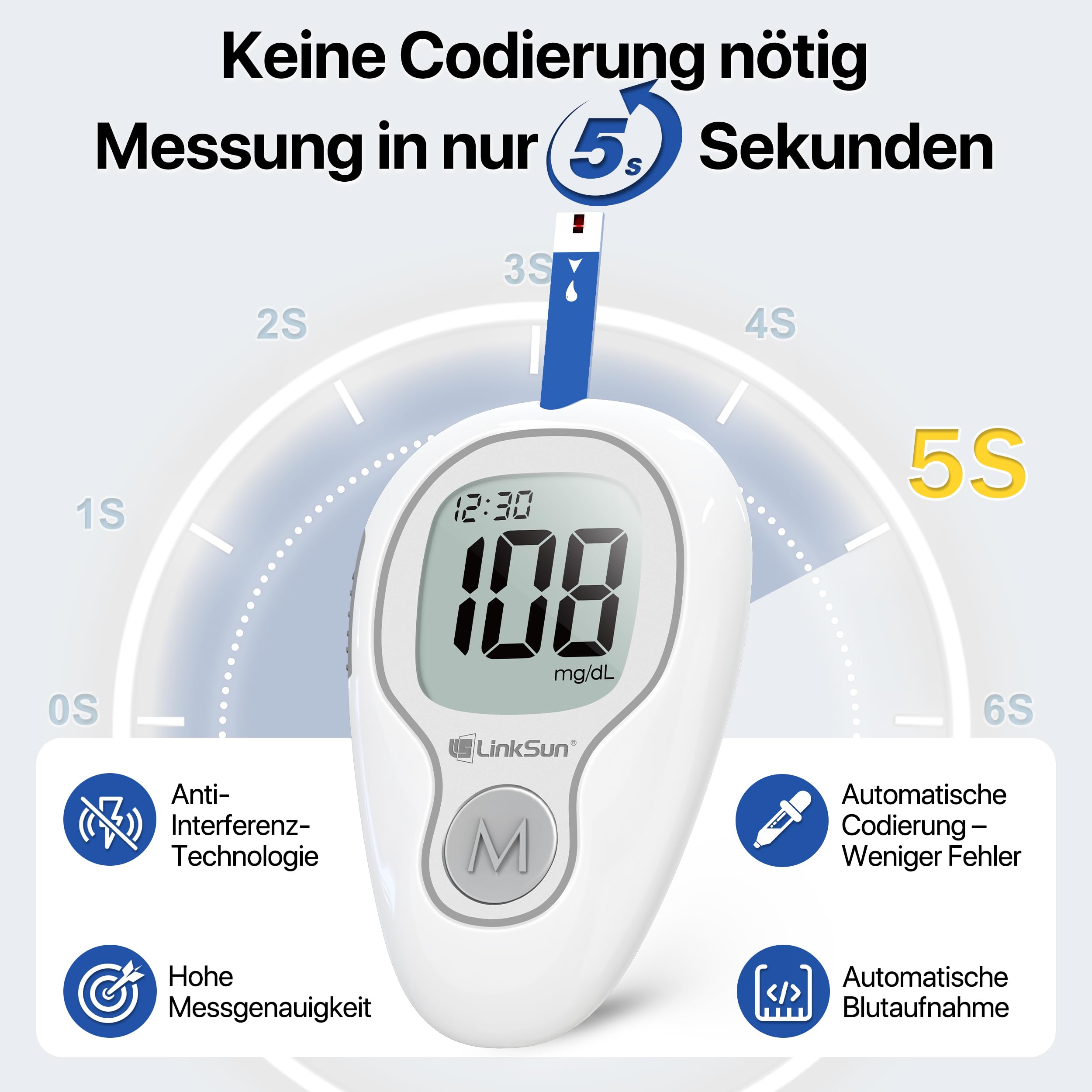 LinkSun G-425-3 Blutzuckermessgerät Set (mg/dL) mit 100 Teststreifen, 100 Lanzetten, Stechhilfe, Glucose-Kontrolllösung, Codierungsfrei, mg/dL & mmol/L