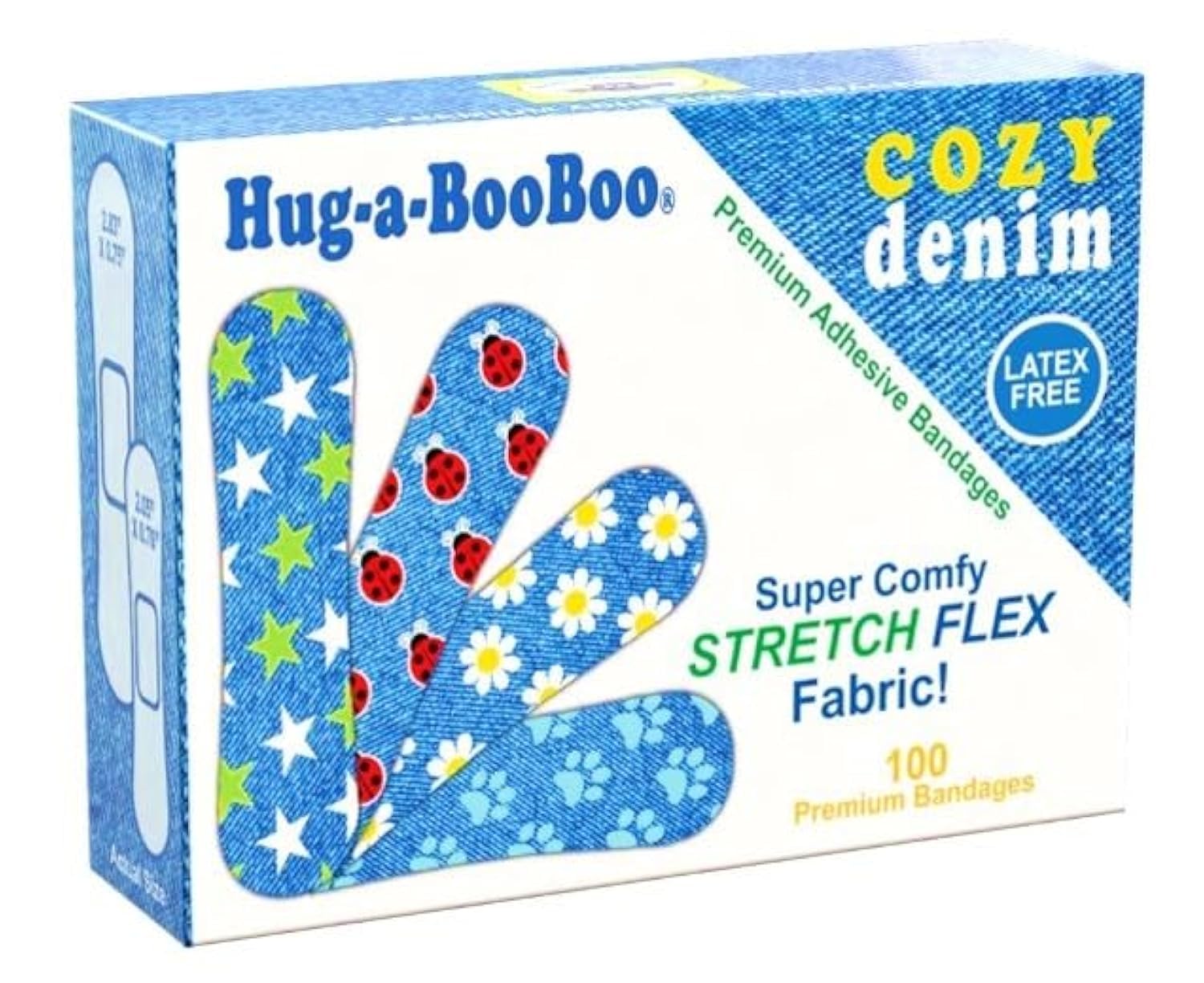 Soft & Comfy “Cozy Denim” Premium Flex Fabric Bandages from Hug-a-BooBoo. Assorted Sizes, Colorful Pretty Denim Designs - Daisies, Ladybugs, Paw