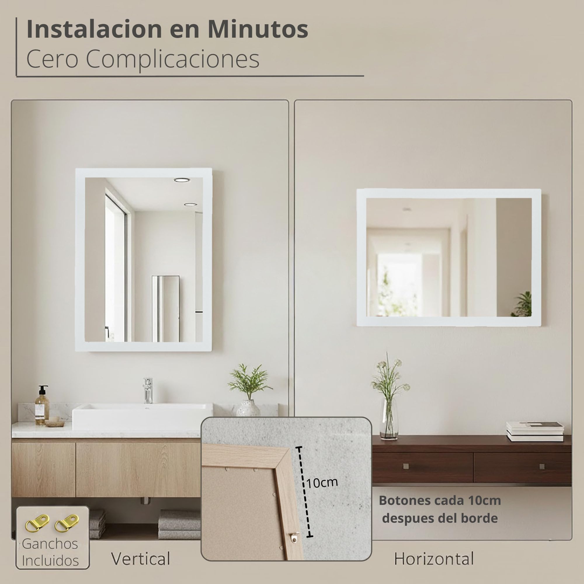 CHELY INTERMARKET MOD128 Espejo Pared Vertical Decorativo Grande Estilo Moderno Marco Madera Cuerpo Entero Elegante 50x70 cm Blanco Liso Ideal Recibidor Dormitorio Baño Incluye Kit Montaje