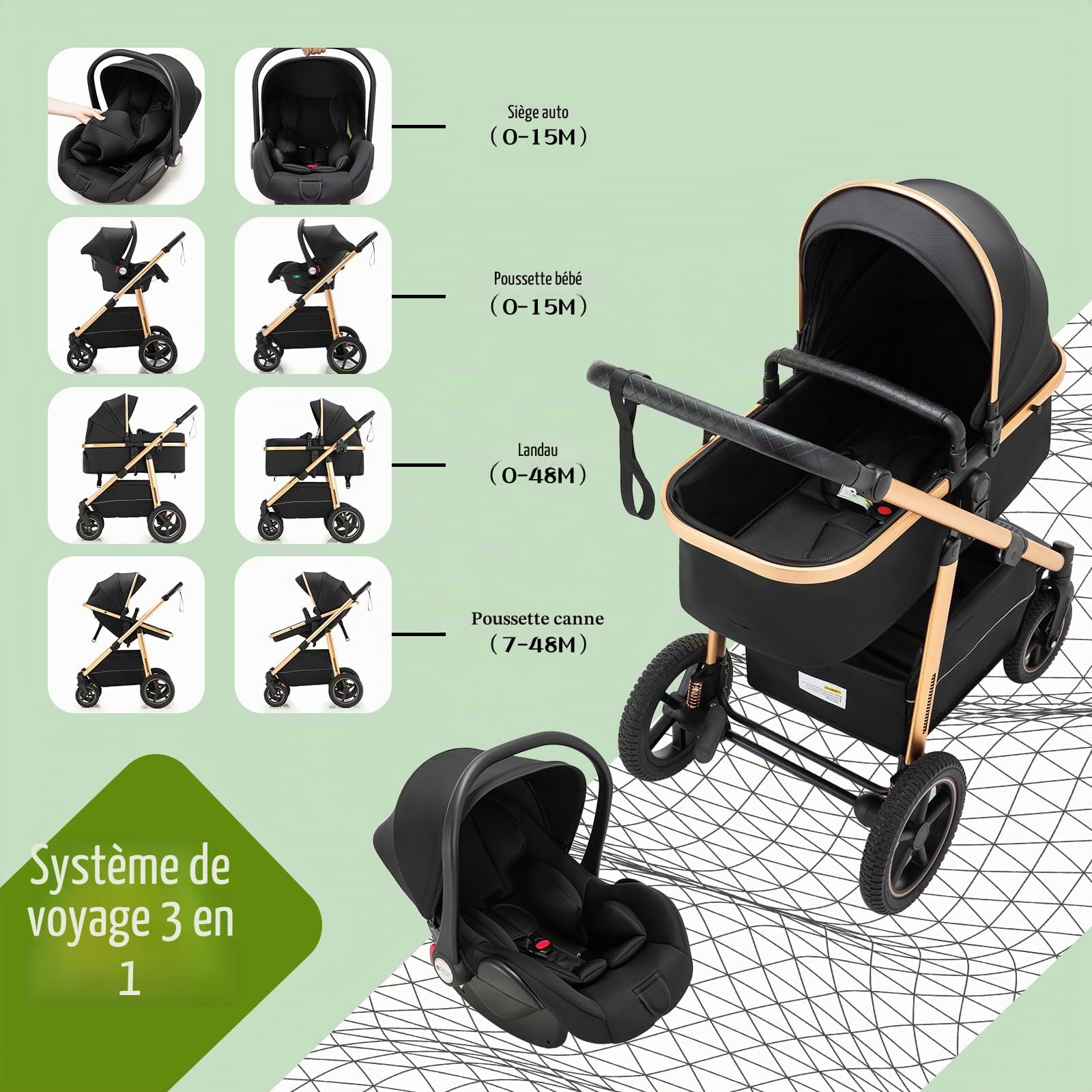3 en 1 Poussette Combinées, Poussettes Poignée à Hauteur Réglable, Poussette Canne, Système de Voyage et Avec Siège Auto, Moustiquaire, Cadre en Aluminium High Vision, 0-4Ans 22KG