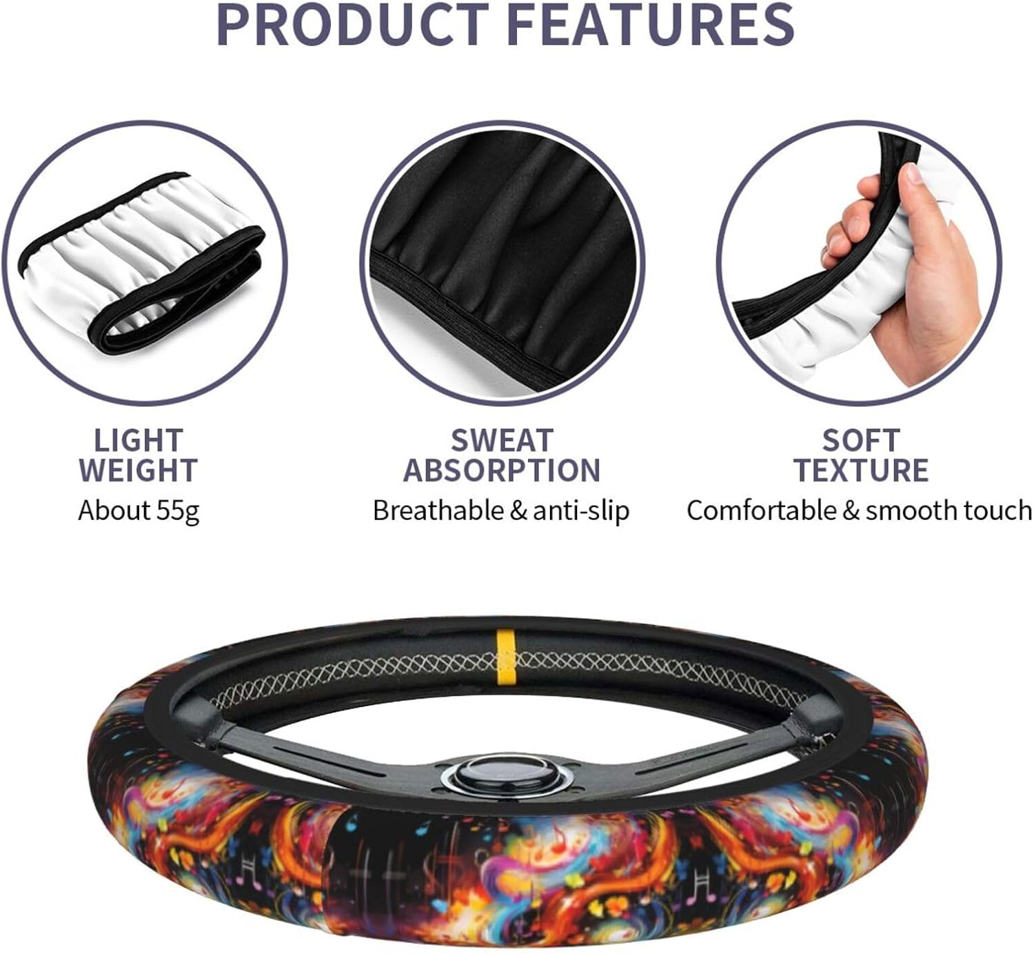 Colorful Music Printed Steering Wheel Cover Elastic Stretch Car Wheel Wrap Breathable Non-Slip Steering Wheel Protector for Car Truck SUV image 5