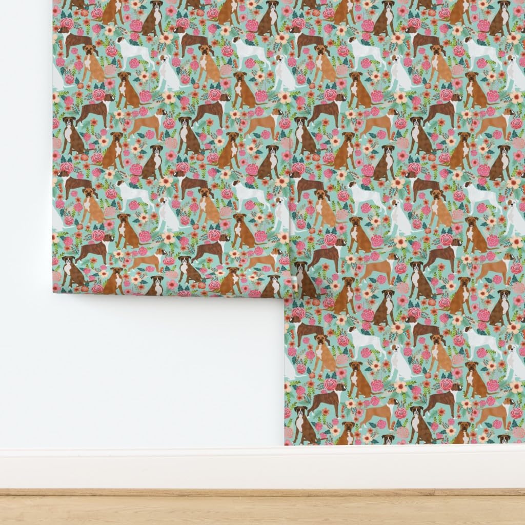 Peel & Stick Wallpaper 12ft x 2ft - Boxer, Dog Breed, Vintage Style, Florals, Mint Green, Flowers, Dogs, Novelty Custom Removable Wallpaper by Spoonflower