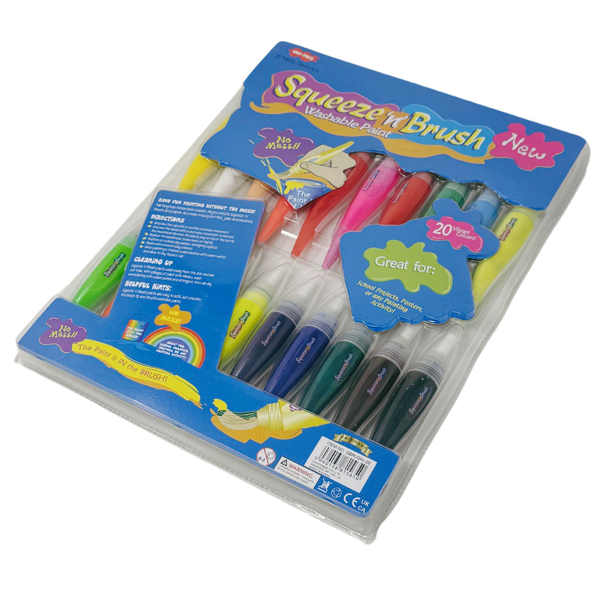 Squeeze 'N Brush Lot de 20 peintures lavables à pointe pinceau pour enfants - Pinceaux compressibles pour tout-petits et adolescents (mélange de couleurs)